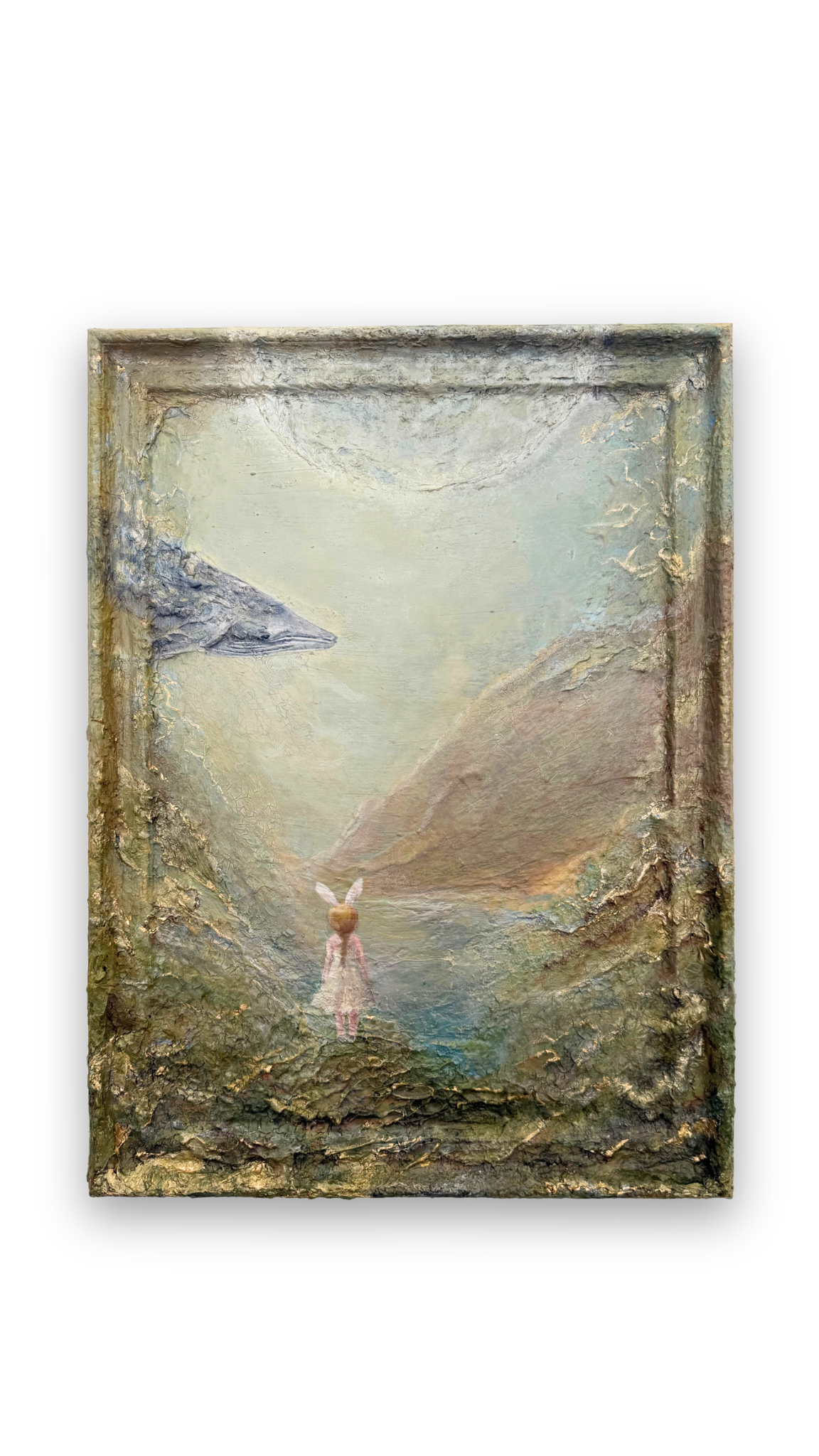 Whale in the clouds, 51cm x 69cm, mixed media on board and frame, 2026