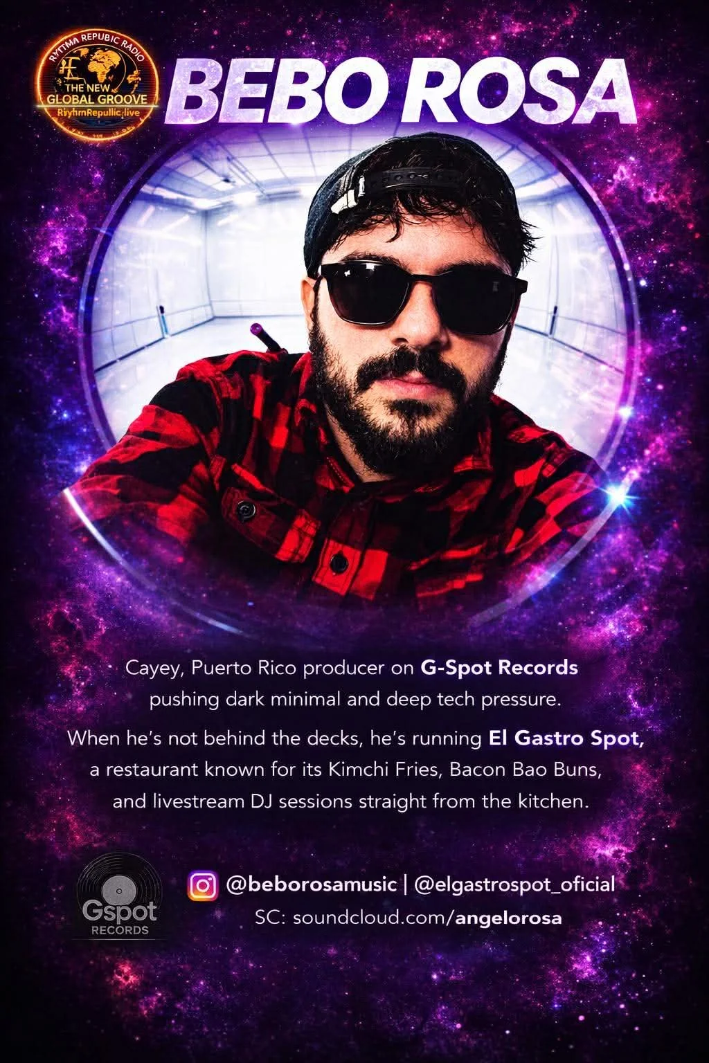 Promotional poster for BEBO ROSA, featuring a man with dark hair, beard, glasses, and a black cap, wearing a red and black checkered shirt, set in a space-themed background with purple and pink nebulae. Text details the artist's background, associated record labels, and social media handles.