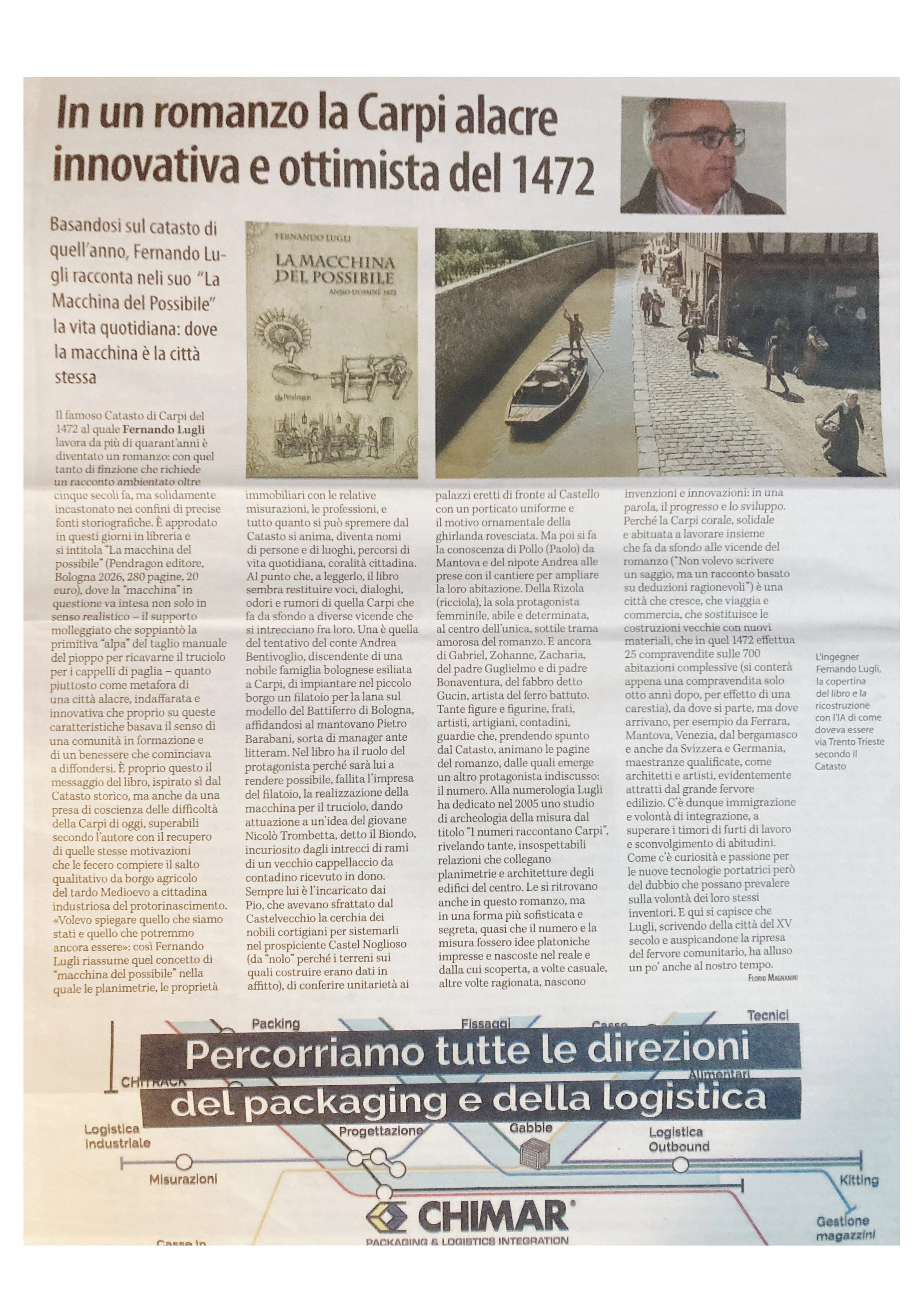 Pagina di un articolo di giornale in italiano con una fotografia di un uomo anziano con occhiali e capelli brizzolati, grafici e immagini di mappe o diagrammi sulla logistica e il trasporto, e una pubblicità di una azienda chiamata CHIMAR che si occupa di packaging e logistica.