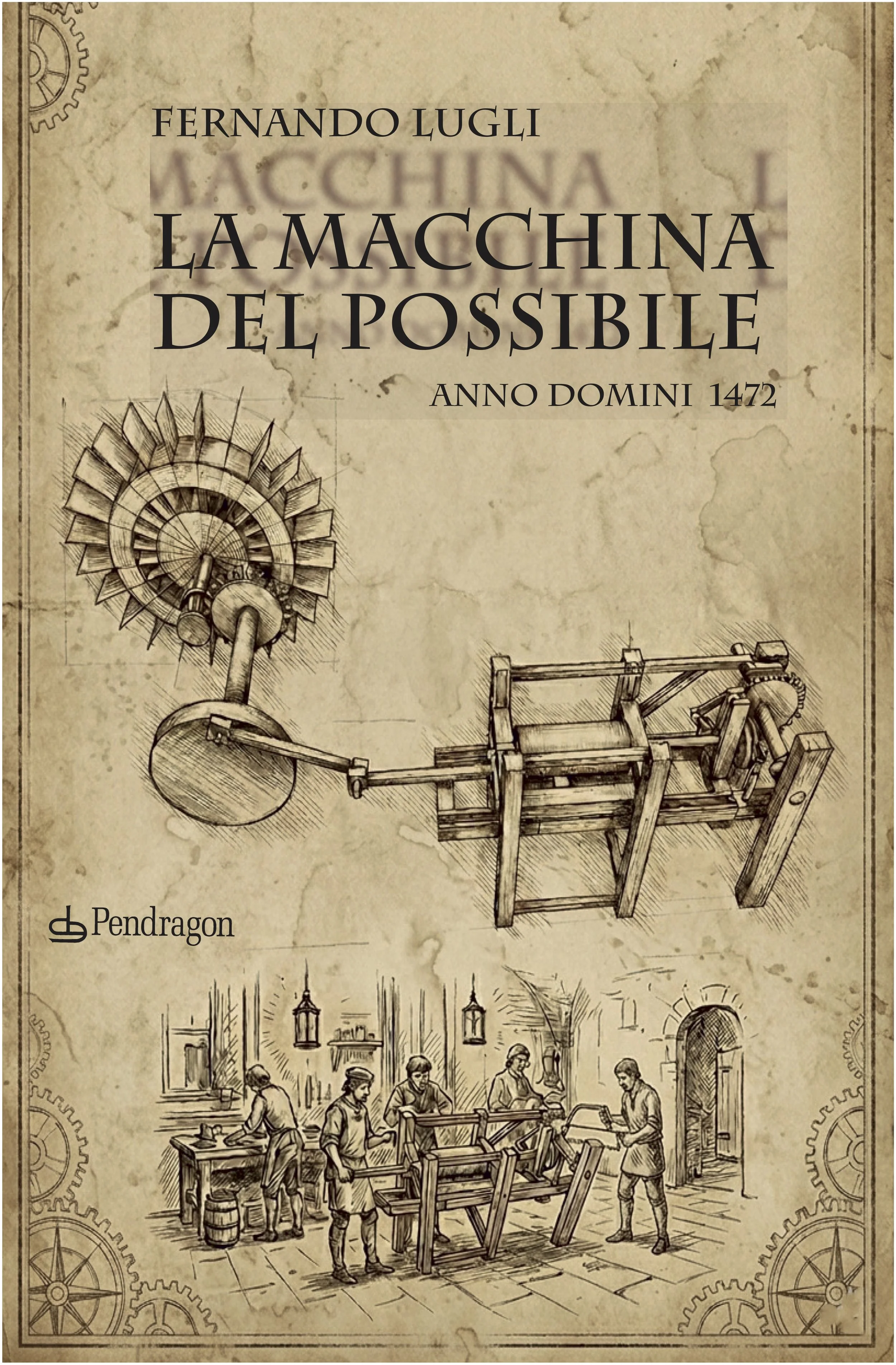 Disegni di macchinari e scene di lavoro artigianale, con persone che costruiscono o osservano meccanismi, in uno stile che richiama gli schizzi tecnici del XVI secolo.