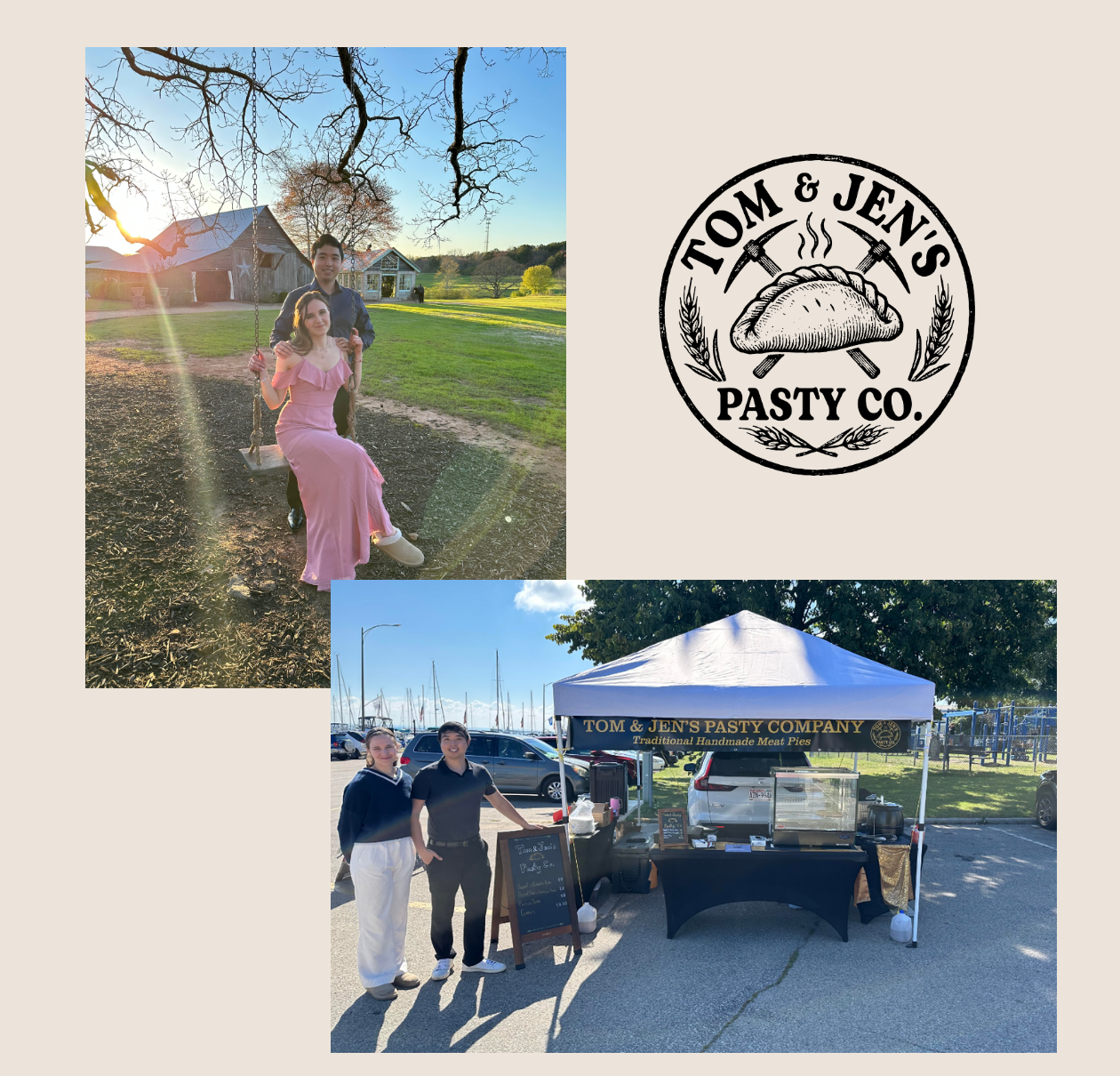 Group photo of two people, a man and a woman, standing in front of a table with a tent that reads "Tom & Jen's Pasty Company" in a parking lot with boats and trees in the background. A separate photo shows a woman sitting on a swing in a park during a sunset, with a barn and trees in the background. A logo with a pie, crossed utensils, and the text "Tom & Jen's Pasty Co." is also included.