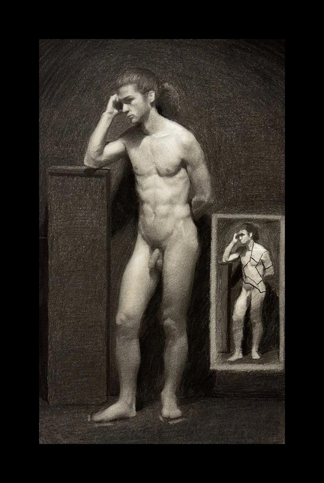 Black and white drawing of a nude male figure standing upright, with a hand on his head.