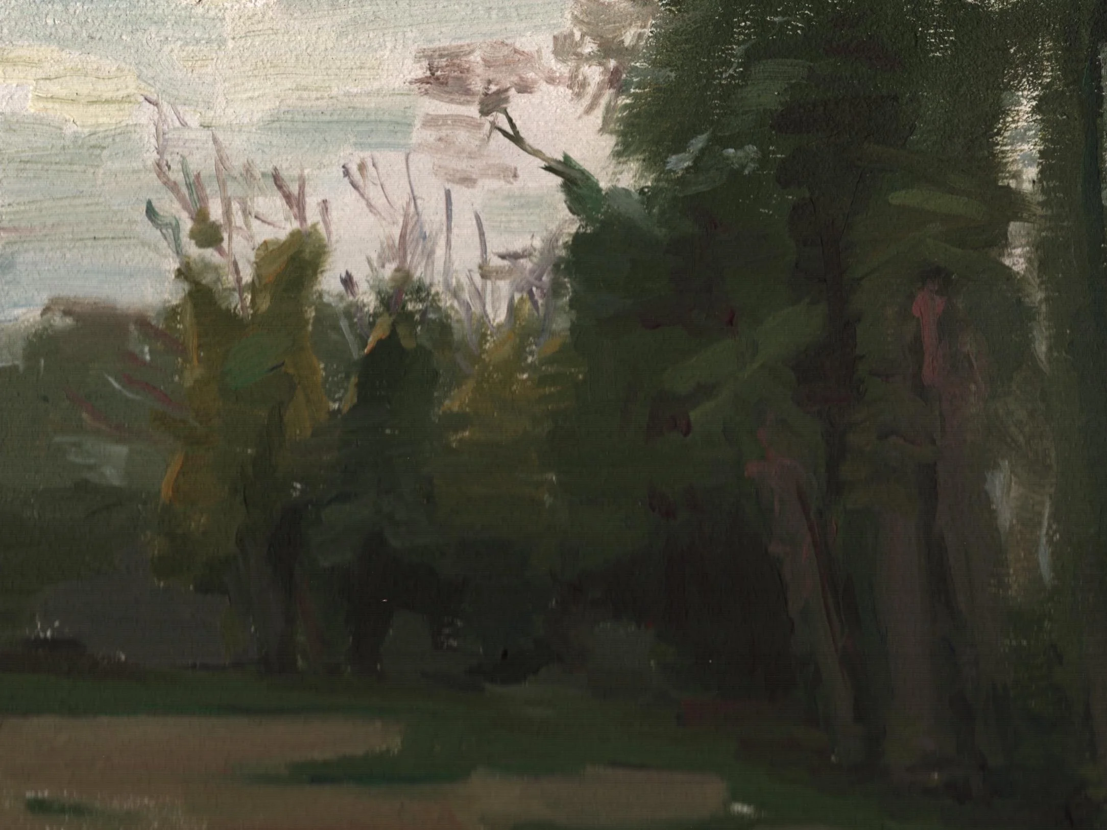 A painting of trees and bushes with a sky in the background, rendered in an impressionistic style with loose brush strokes and muted colors.