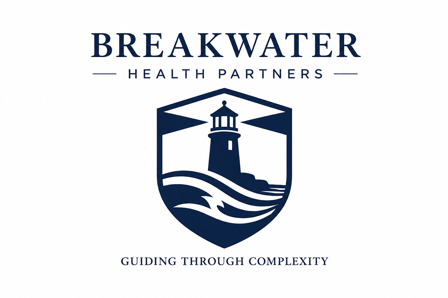 Logo of Breakwater Health Partners featuring a lighthouse inside a shield, with the tagline guiding through complexity.