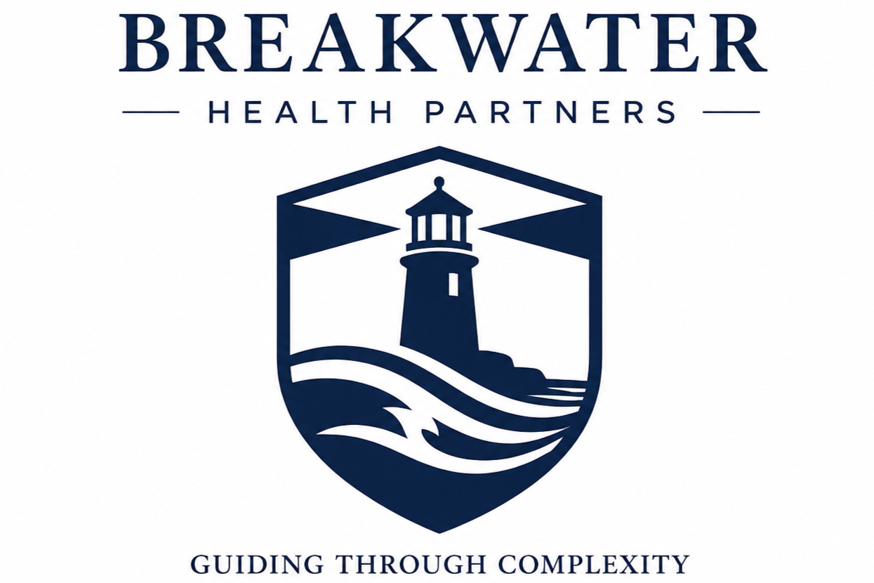 Logo of Breakwater Health Partners featuring a lighthouse and waves with the tagline 'Guiding Through Complexity'