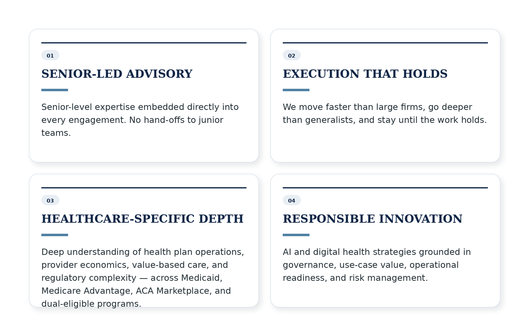 Grid layout with four sections, each showing a numbered heading and descriptive text about business strategies in various fields, including senior leadership, execution, healthcare, and innovation.
