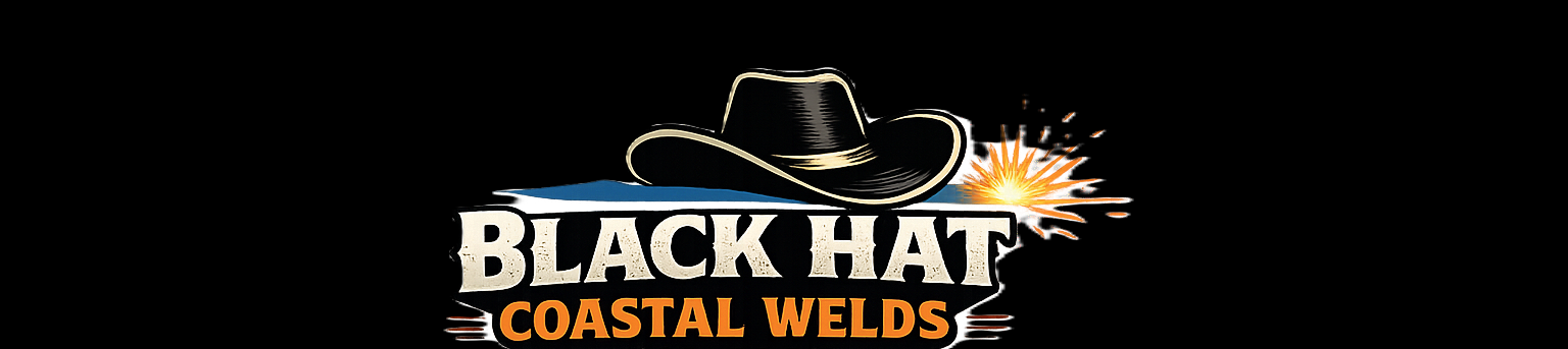 Logo for Black Hat Coastal Welds featuring a black cowboy hat, a sparkle, and bold text.