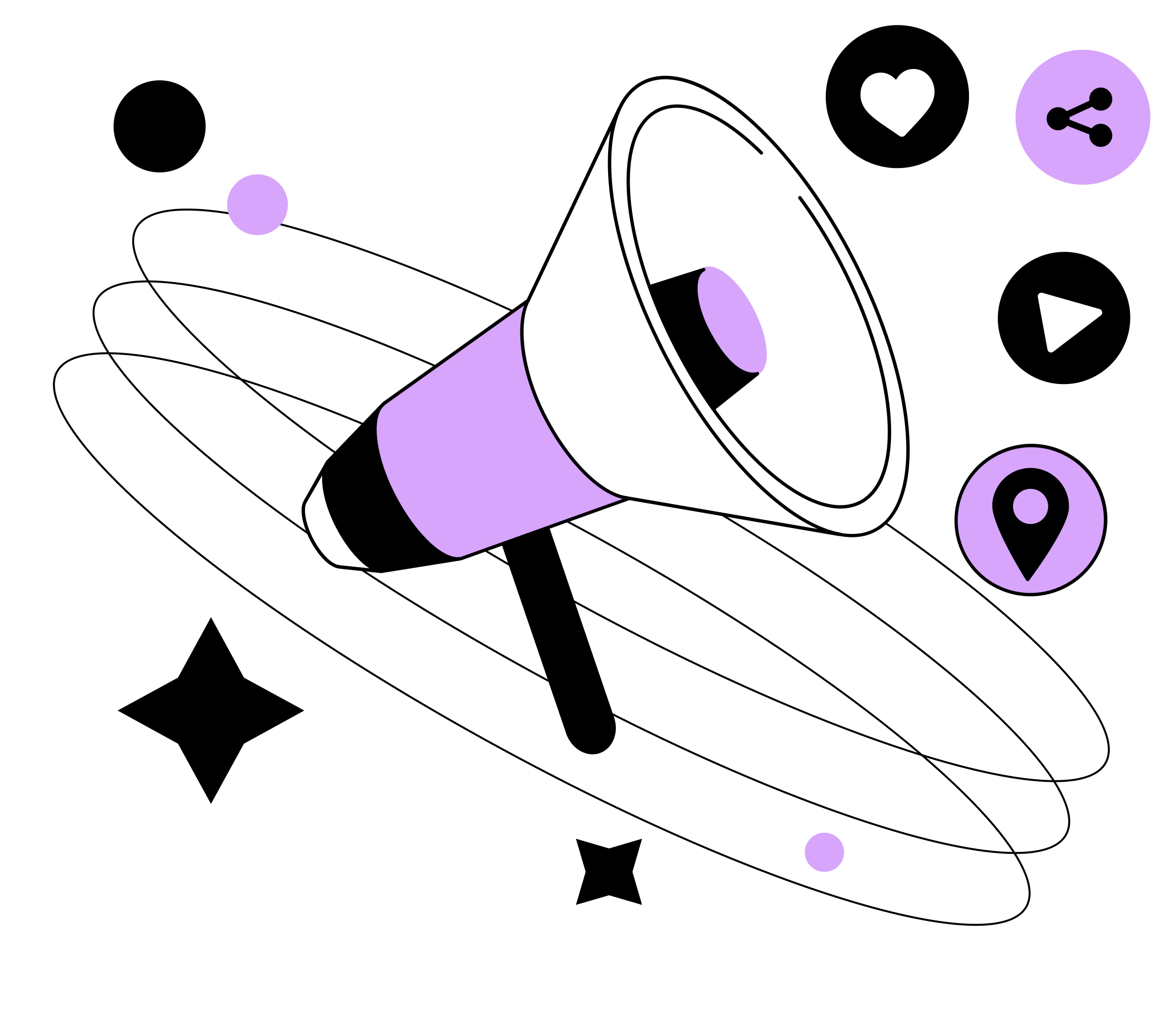 Digital illustration of a megaphone with purple accents on a black background, surrounded by various purple and white icons including hearts, speech bubbles, and stars.