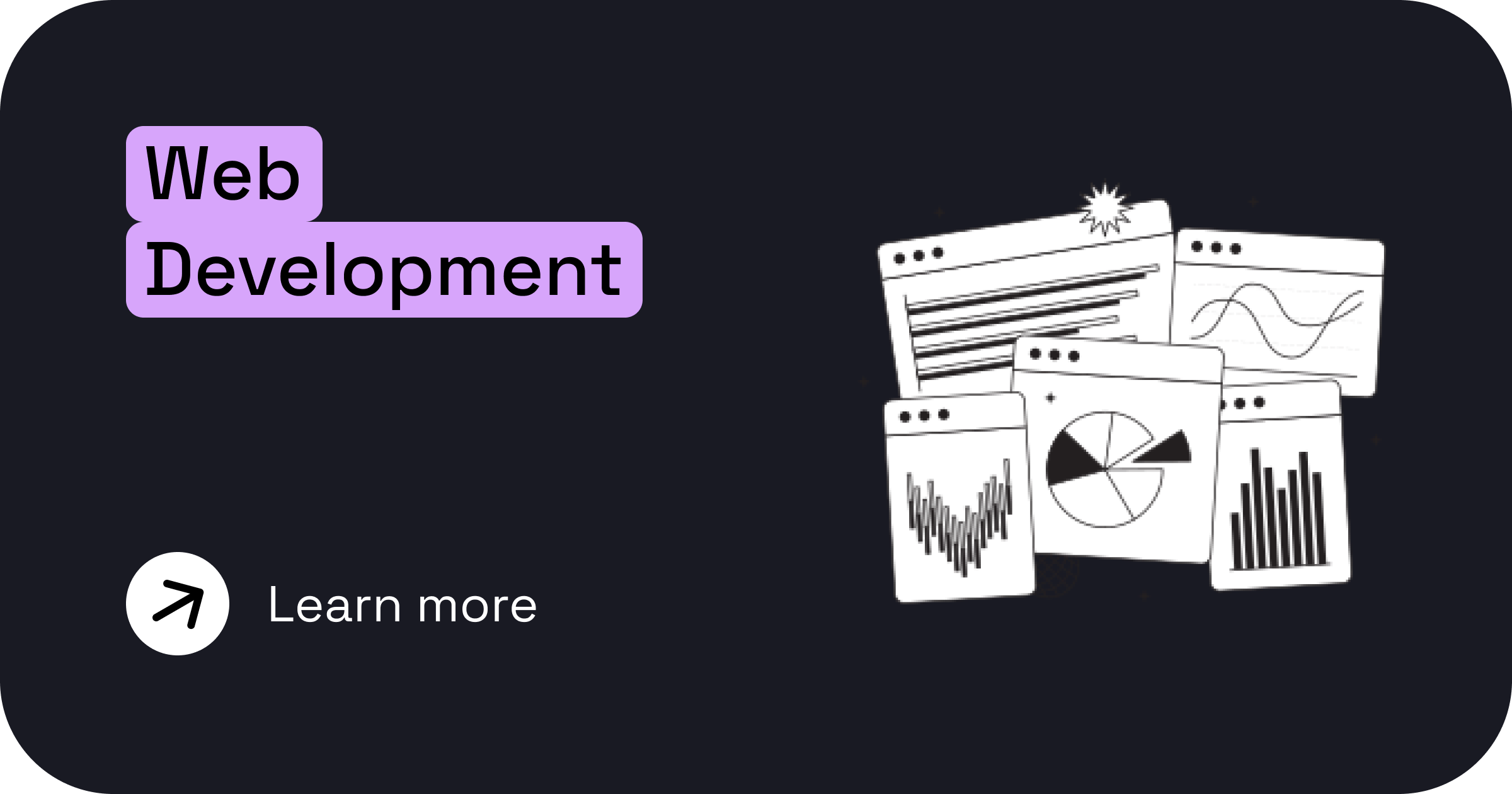 A digital graphic with the text 'Web Development' in black on a purple background, alongside black and white illustrations of various chart and data visualization window icons.