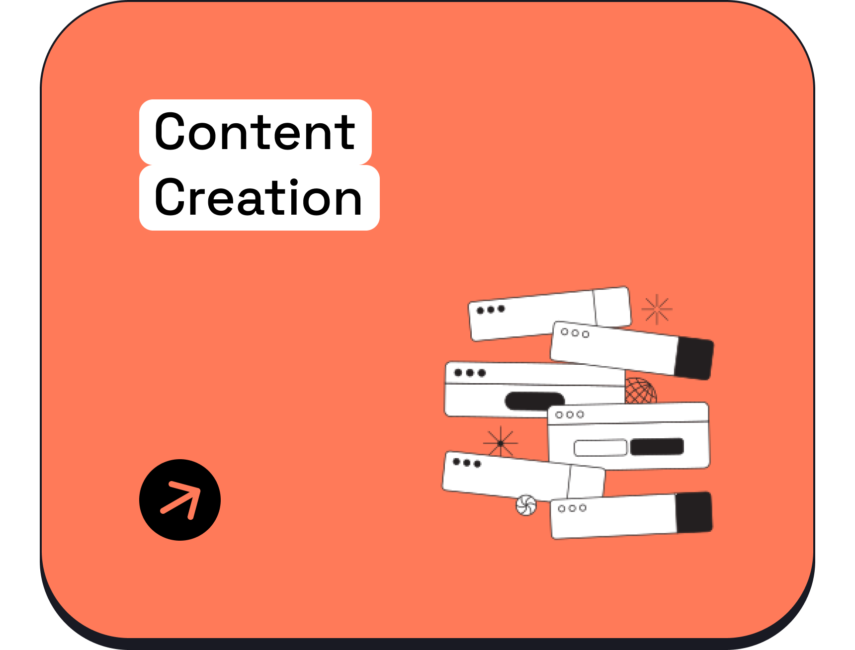 A digital illustration of overlapping web browser windows with a coral background, featuring the text 'Content Creation' in white and black, and black icons resembling an arrow pointing right and decorative elements.