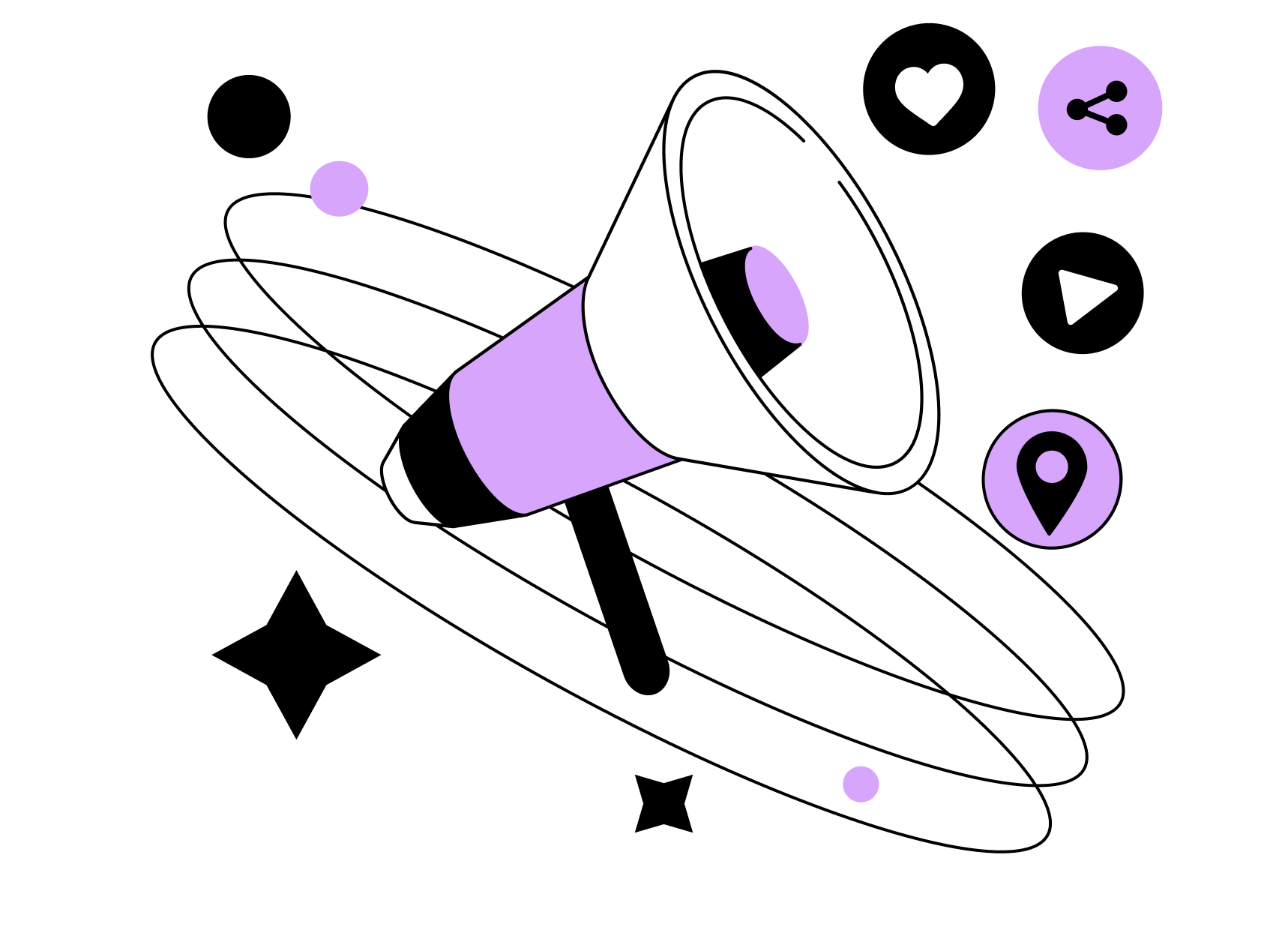 A stylized illustration of a megaphone with a purple body and white mouthpiece on a black background. Surrounding it are various icons, including a purple social sharing icon, a purple location pin, a purple dot, a white play button, a white heart, a