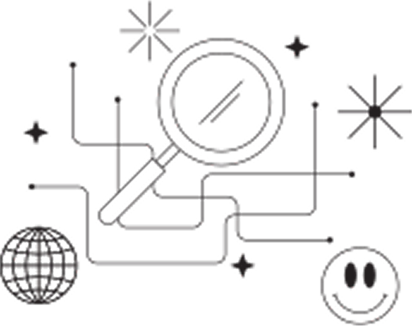 A stylized illustration of a magnifying glass, stars, a globe, and a smiley face connected by lines, representing discovery and exploration.