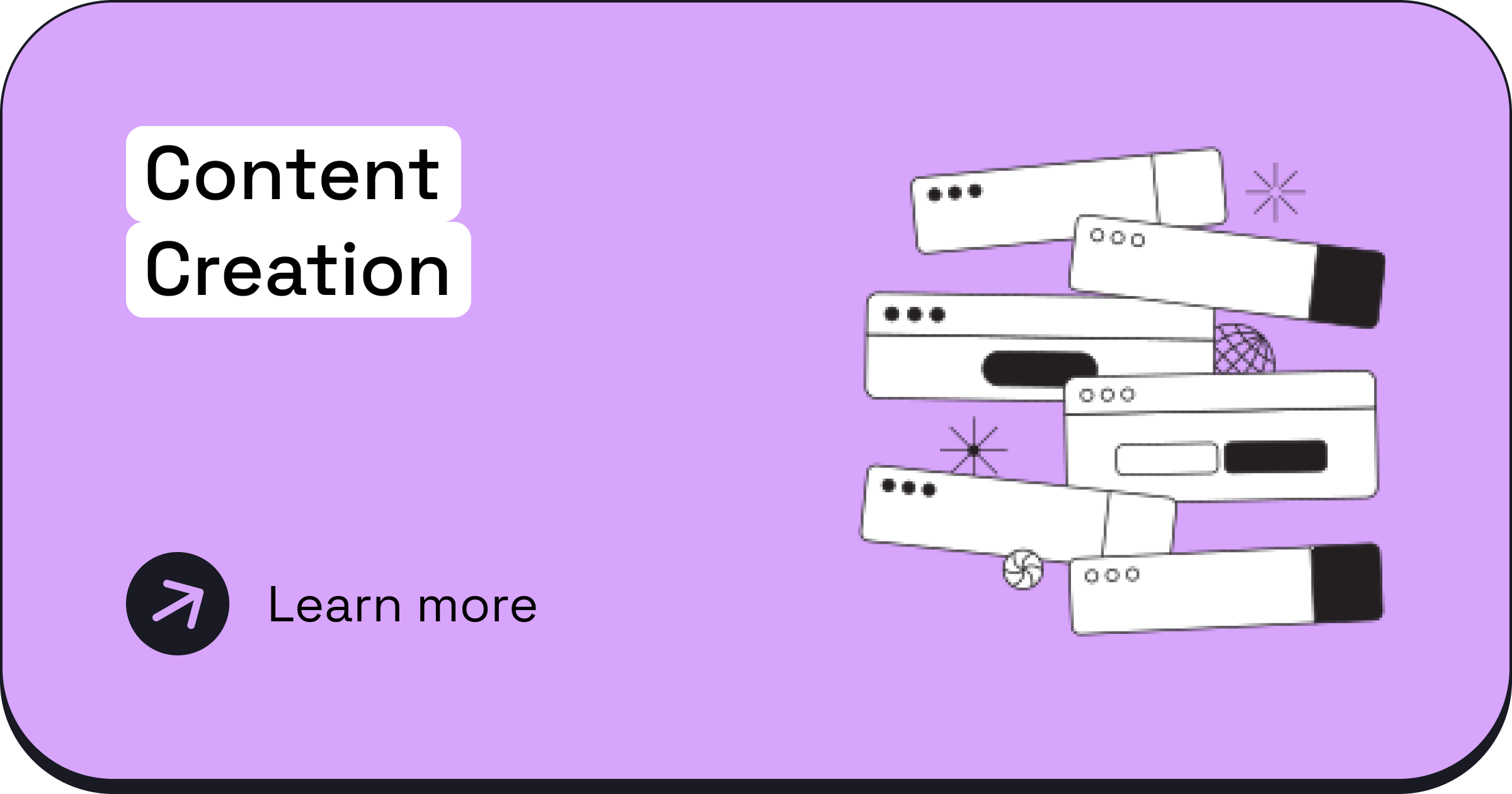 Purple background with white boxes labeled "Content Creation" and a black arrow button with purple arrow and the text "Learn more". Several computer window icons scattered on the right side.
