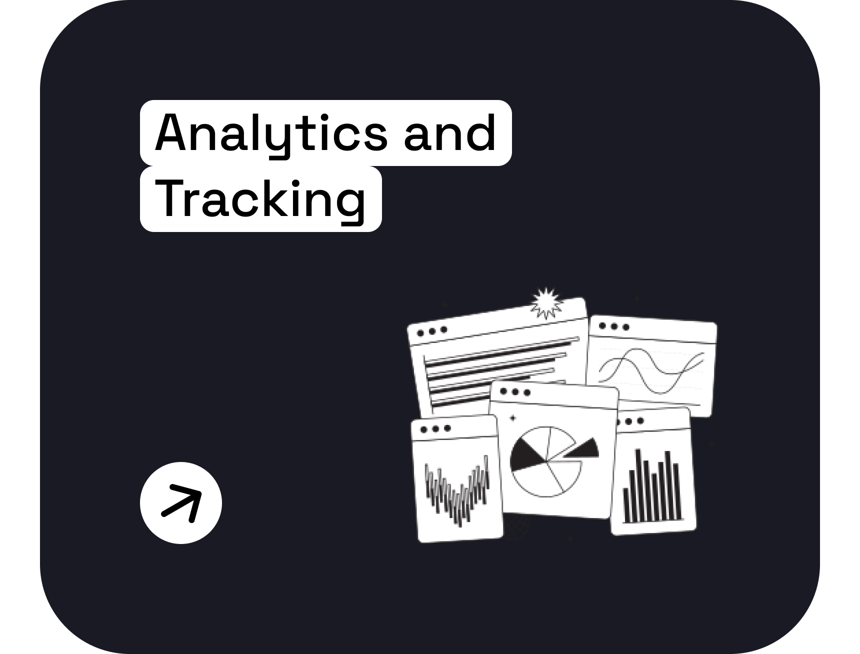 A dark background with white text reading 'Analytics and Tracking' and hand-drawn style illustrations of various charts and graphs.