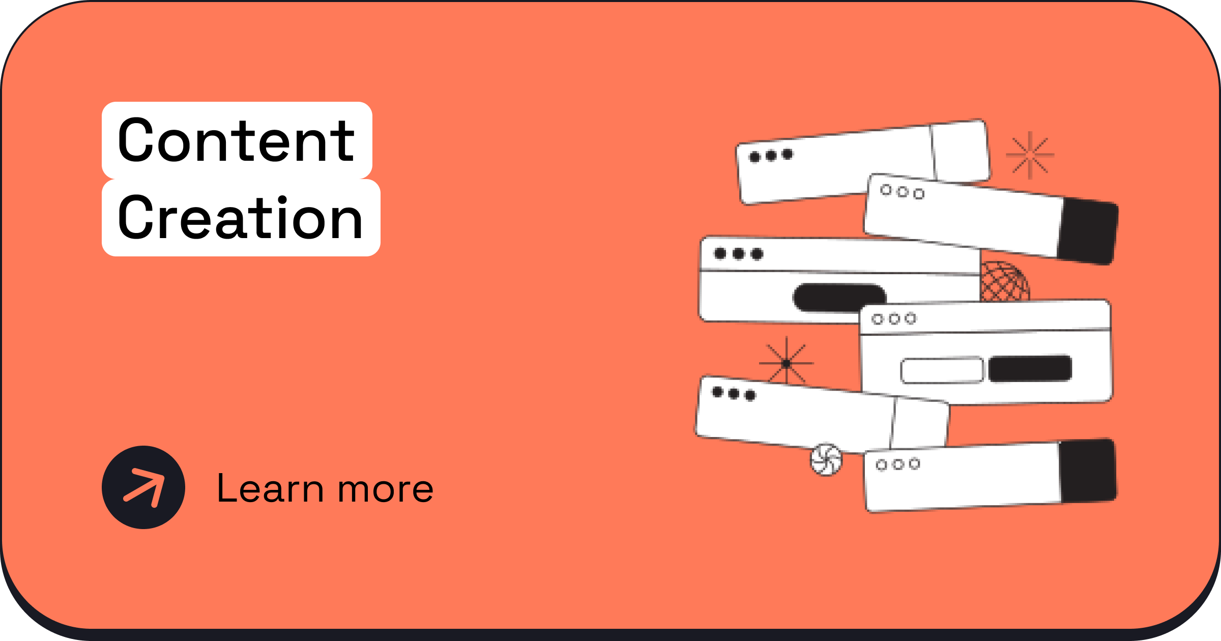Digital illustration with a coral background and the text 'Content Creation' in white. Several stylized web browser windows in black and white are stacked and scattered around the right side. A black circular button with an orange arrow and the text 