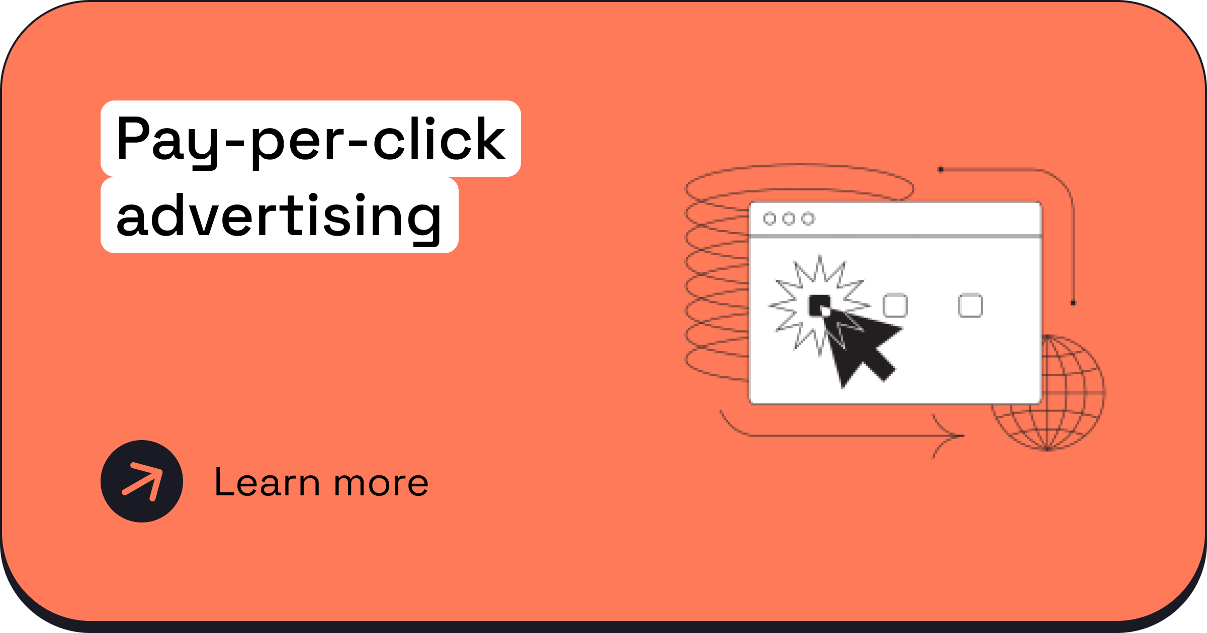 A digital illustration promoting pay-per-click advertising with a computer mouse clicking a screen, surrounded by abstract geometric shapes on an orange background.