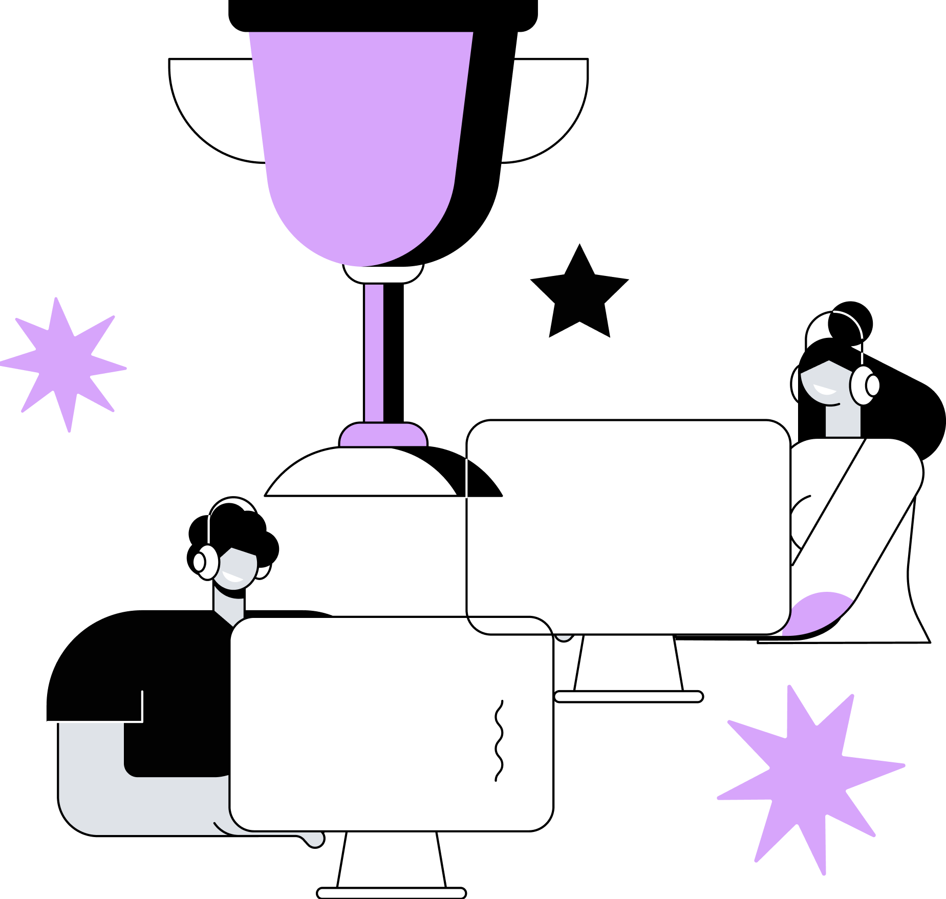 Illustration of a person sitting at a desk with a computer monitor wearing headphones, with abstract decorative elements such as stars and a large glass of purple beverage nearby.