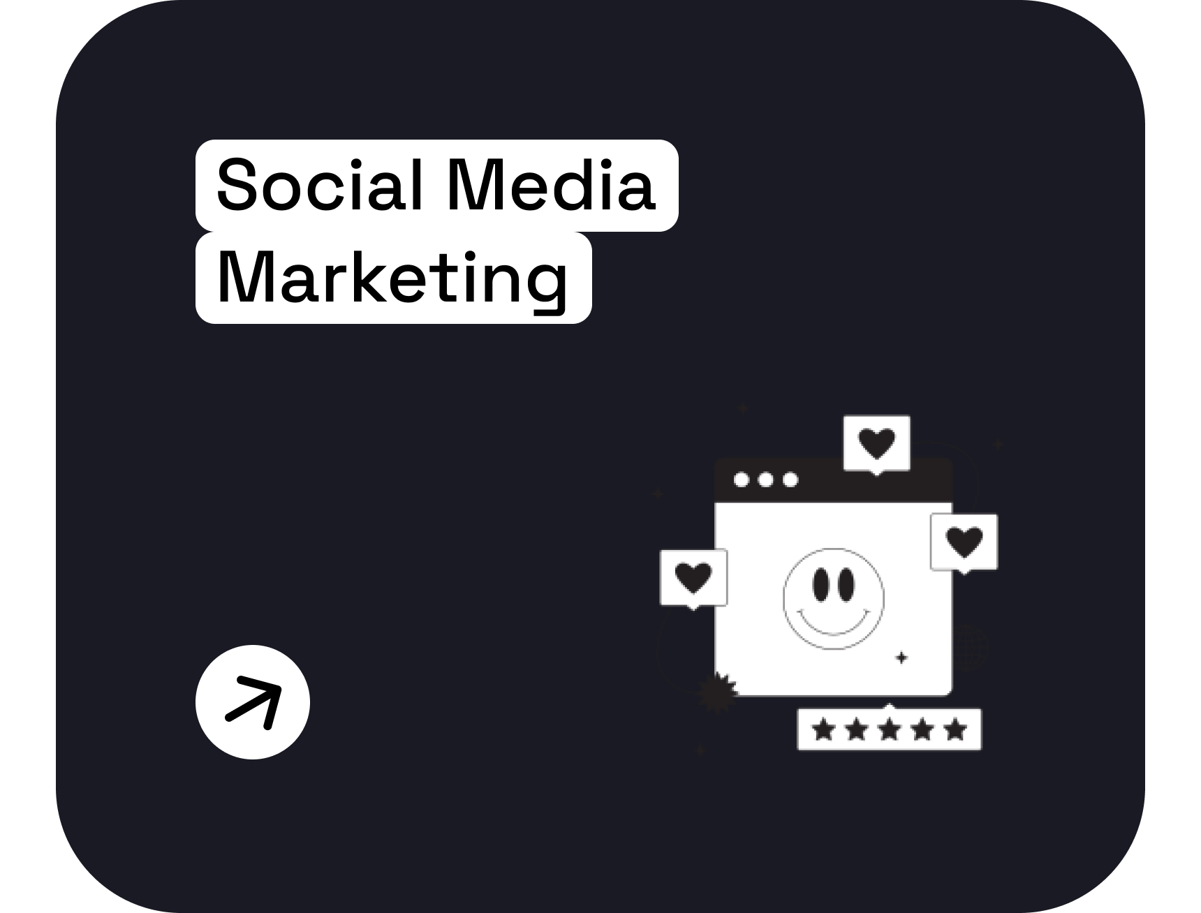 A digital illustration with the text 'Social Media Marketing' and an abstract pig icon with heart symbols and star ratings.
