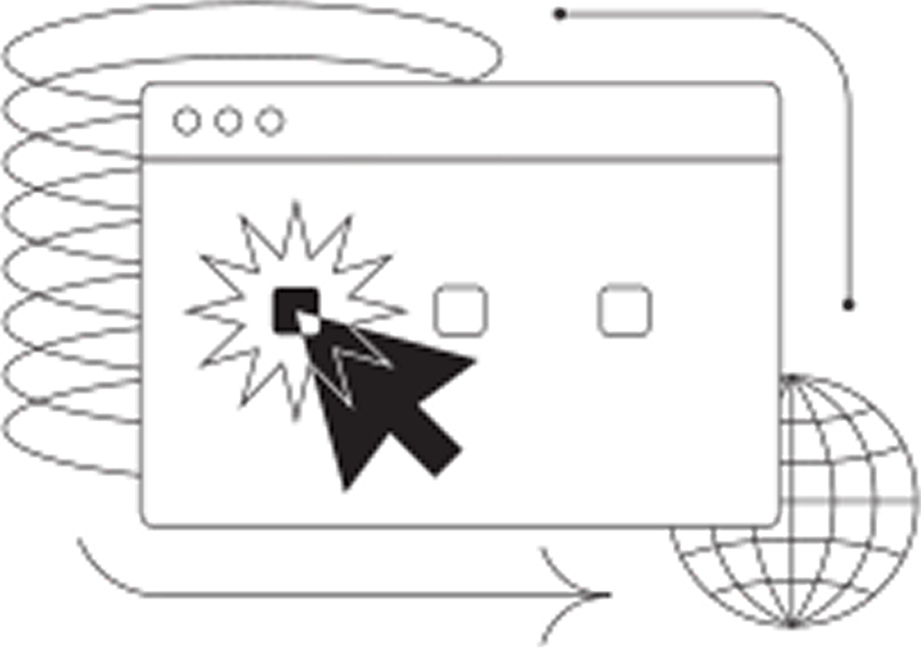 A computer screen shows a cursor clicking on a square icon, with an explosion graphic indicating a click or action.