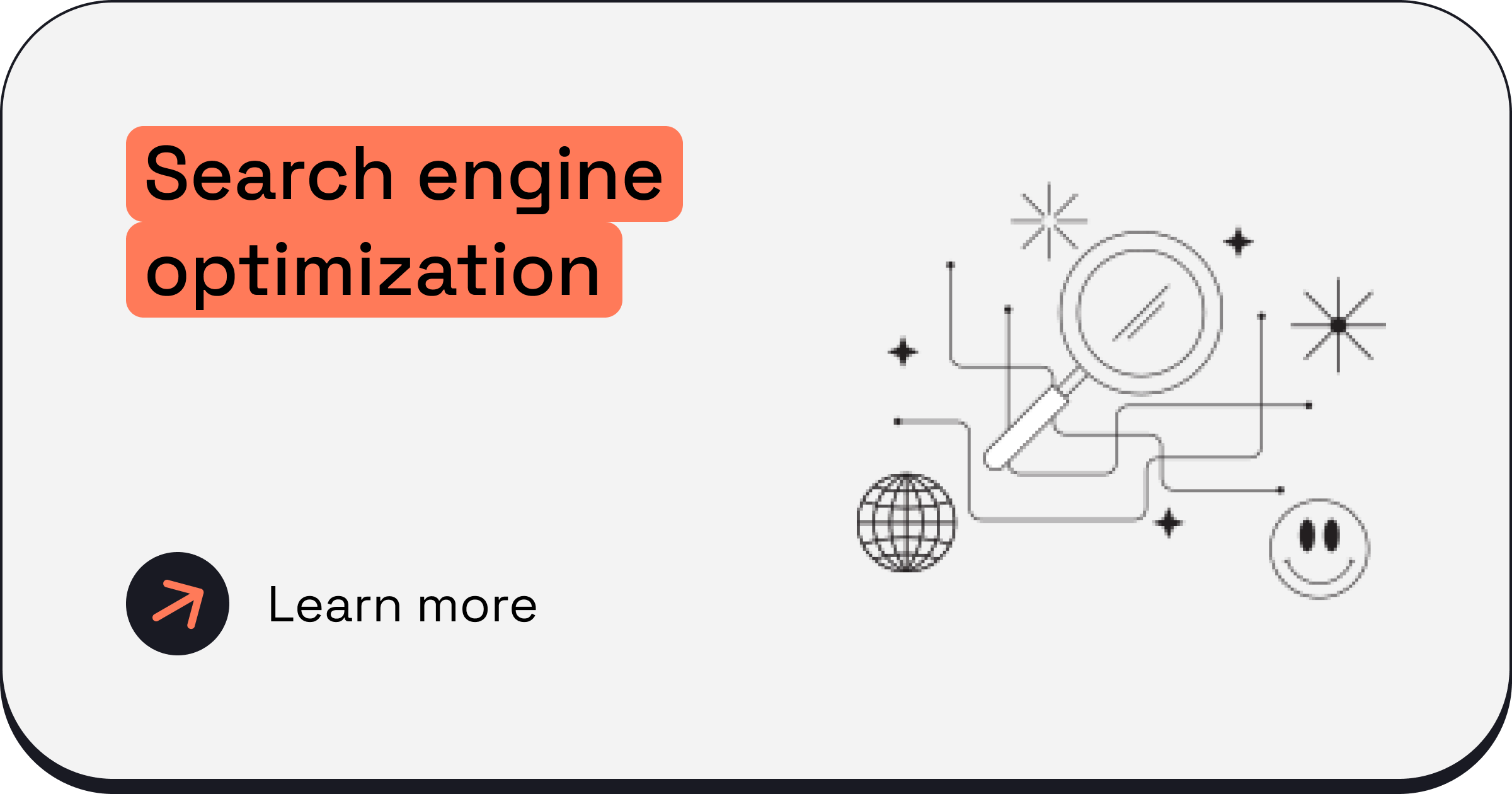 An illustration with the text 'Search engine optimization' in bold black font inside an orange rounded rectangle. The background is light gray with line art icons including a magnifying glass, a globe, and a smiley face, surrounded by stars and spark