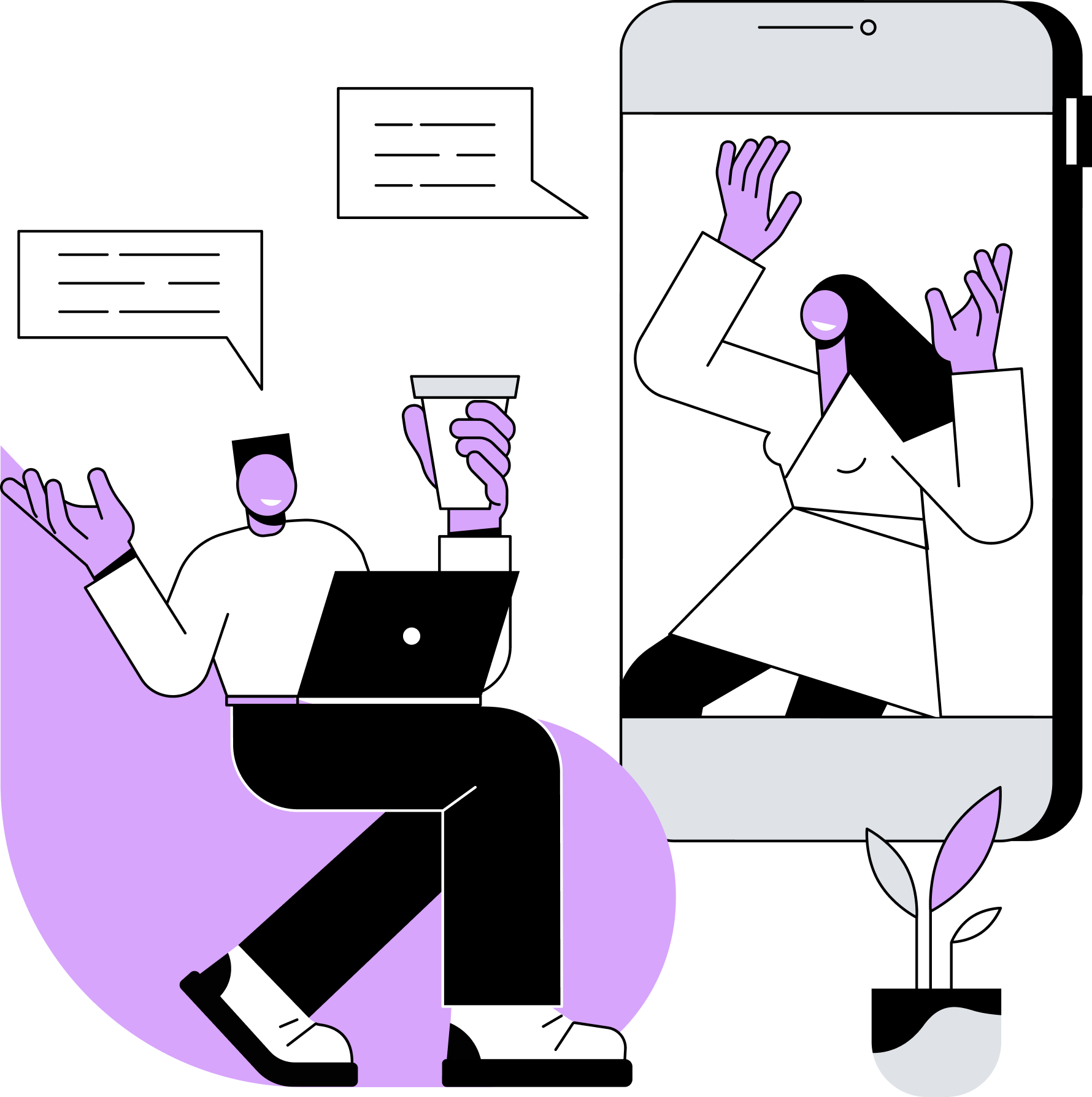 Digital illustration of a woman with long black hair and a white lab coat holding a coffee cup, seen on a smartphone screen. The woman is smiling, with hands raised, wearing purple gloves. The background features a large purple circle, and additional