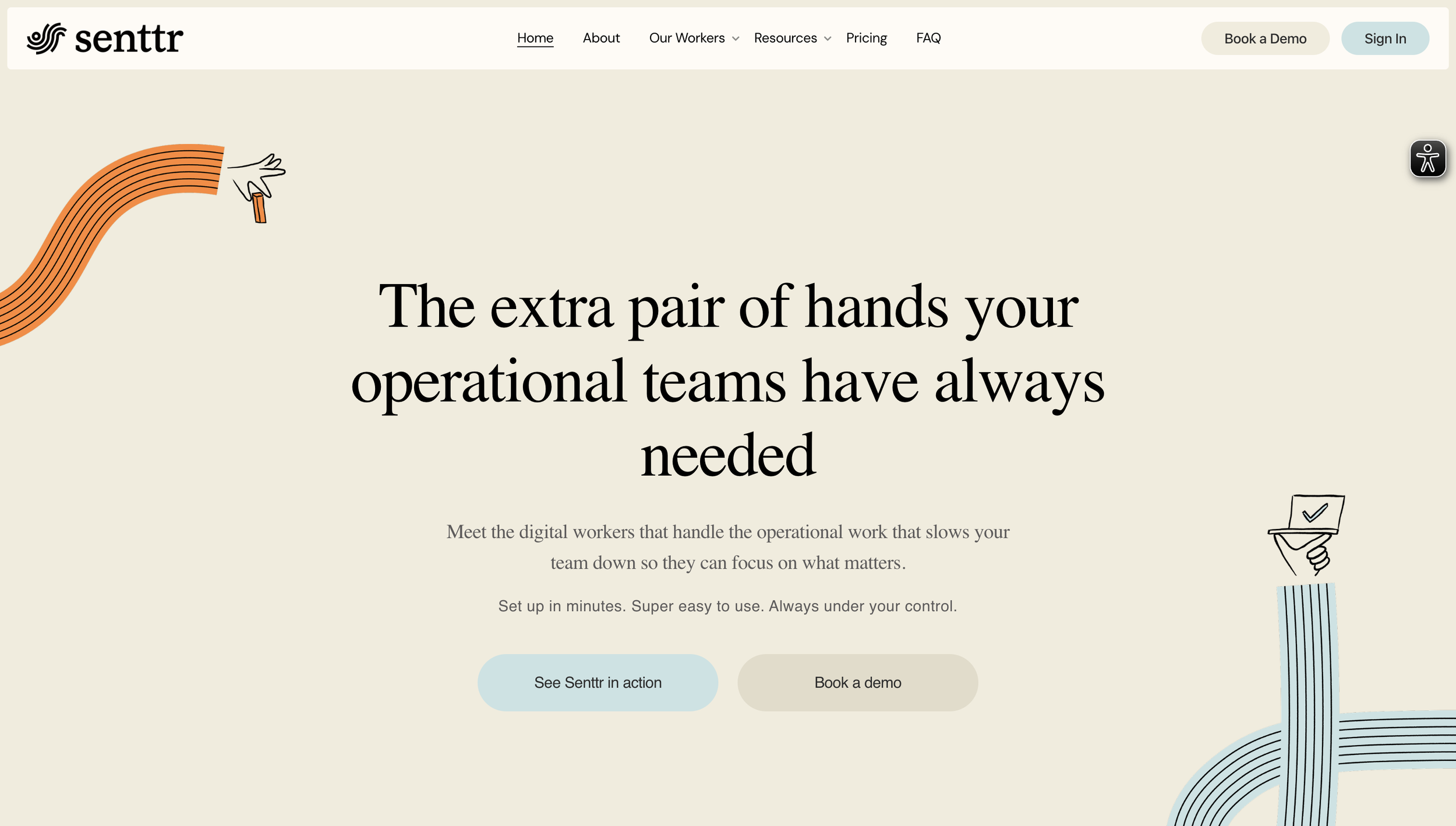 Screenshot of a website homepage for Sentrr, a digital platform. The page features the company's logo in the top left corner, a navigation menu with options like Home, About, Our Workers, Resources, Pricing, FAQ, and buttons to Book a Demo and Sign I