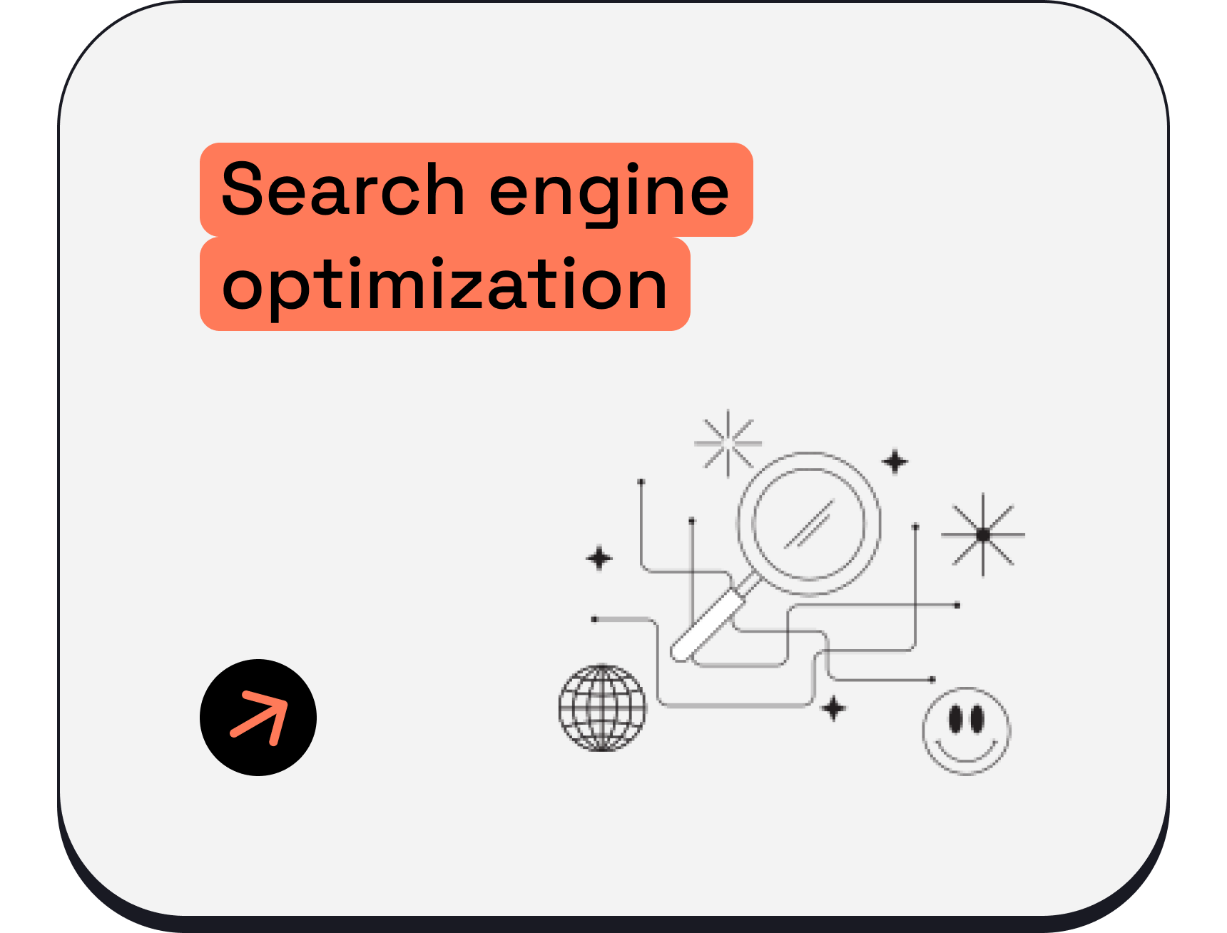 A digital illustration featuring a highlighted text box that says 'Search engine optimization', with a magnifying glass, globe, upward arrow, smiley face, and abstract stars and lines.
