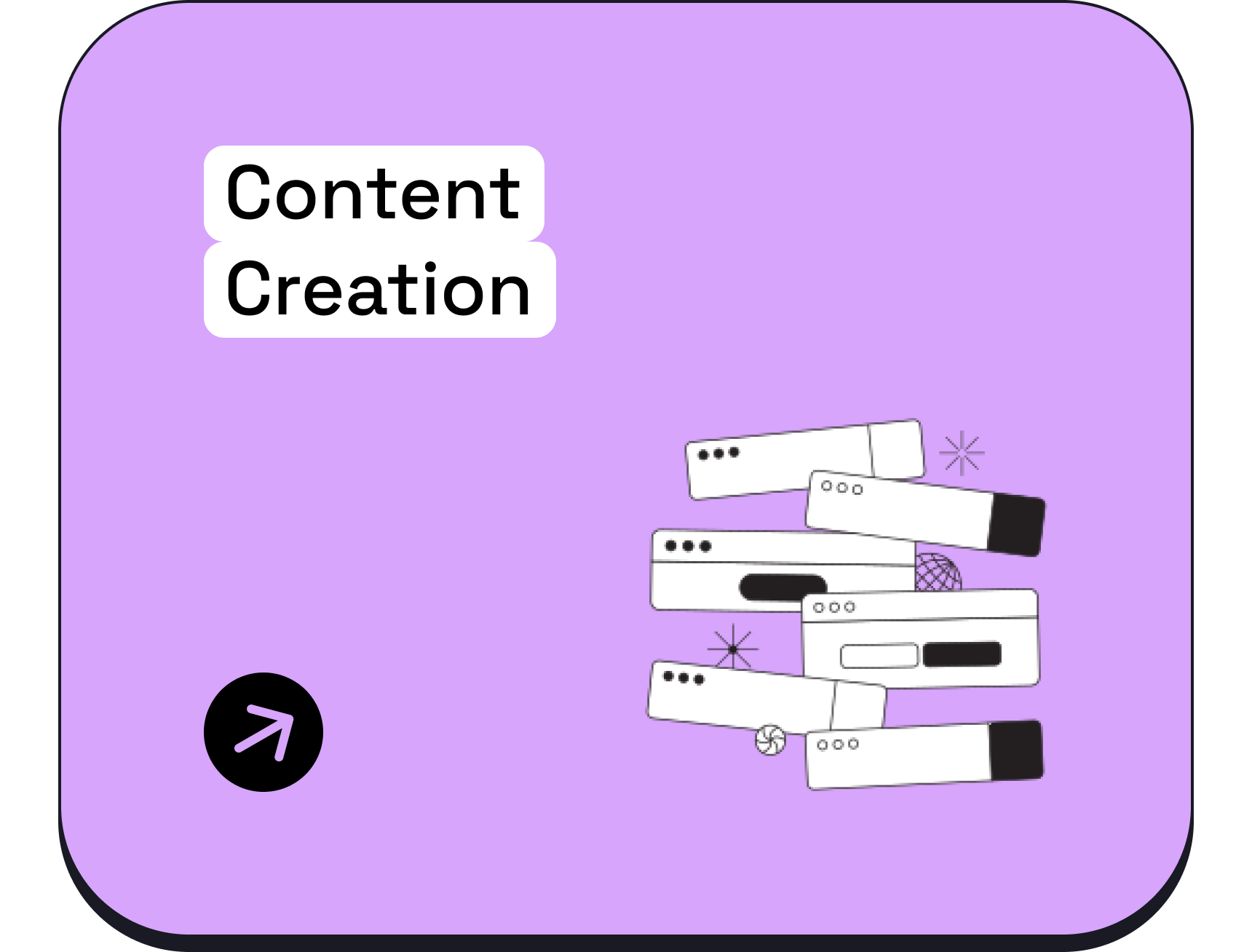 Diagram with the words "Content Creation" inside a white speech bubble, on a purple background, with various illustrated web browser windows and star icons.