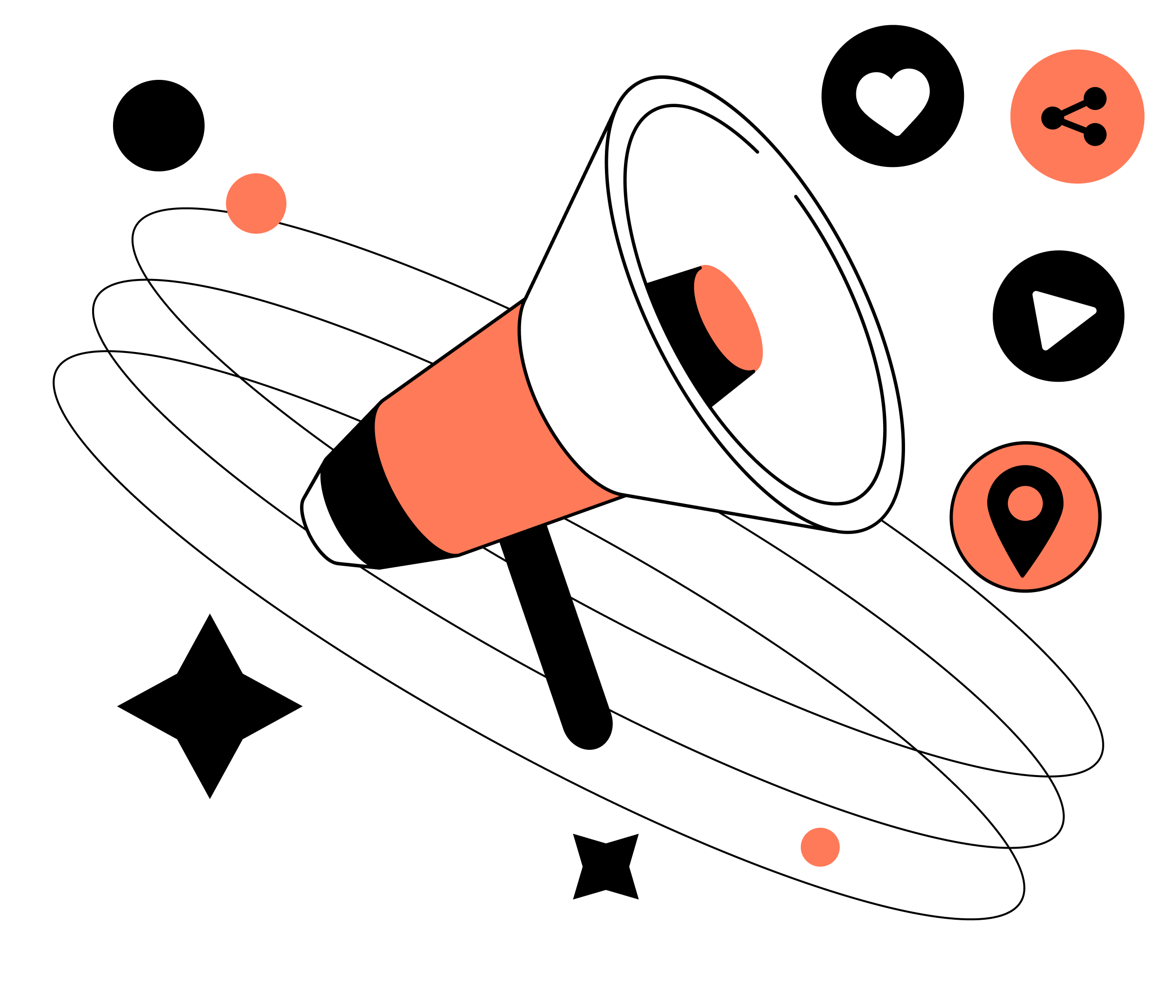 Stylized illustration of a megaphone with stars, hearts, dots, and a location pin icons around it on a black background.