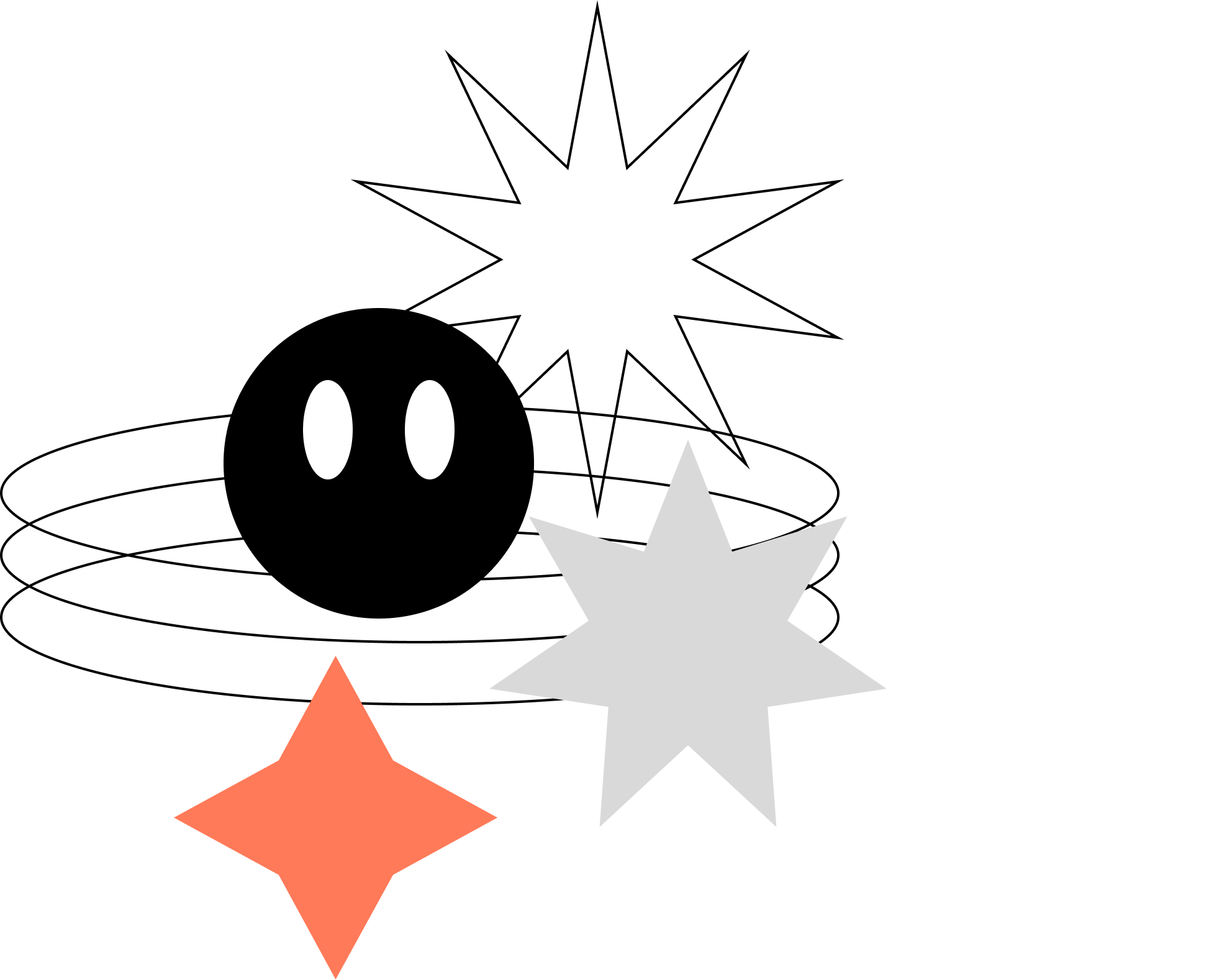 Digital illustration of a globe with six stars and various shapes around it, including circles, diamonds, and a star.