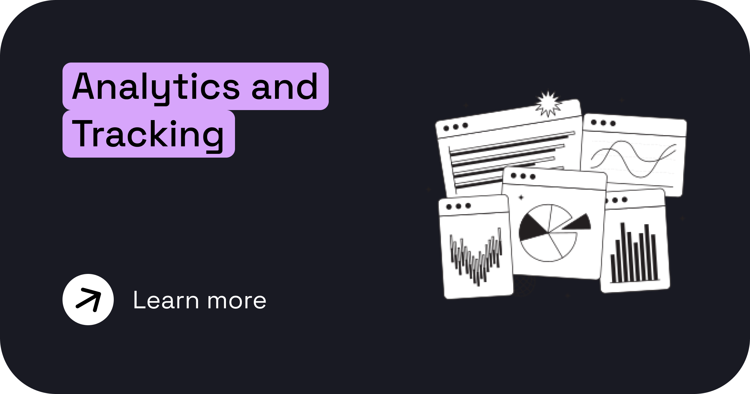 A digital graphic with the text 'Analytics and Tracking' in a purple speech bubble, and various chart and graph illustrations in black and white, set against a dark background.