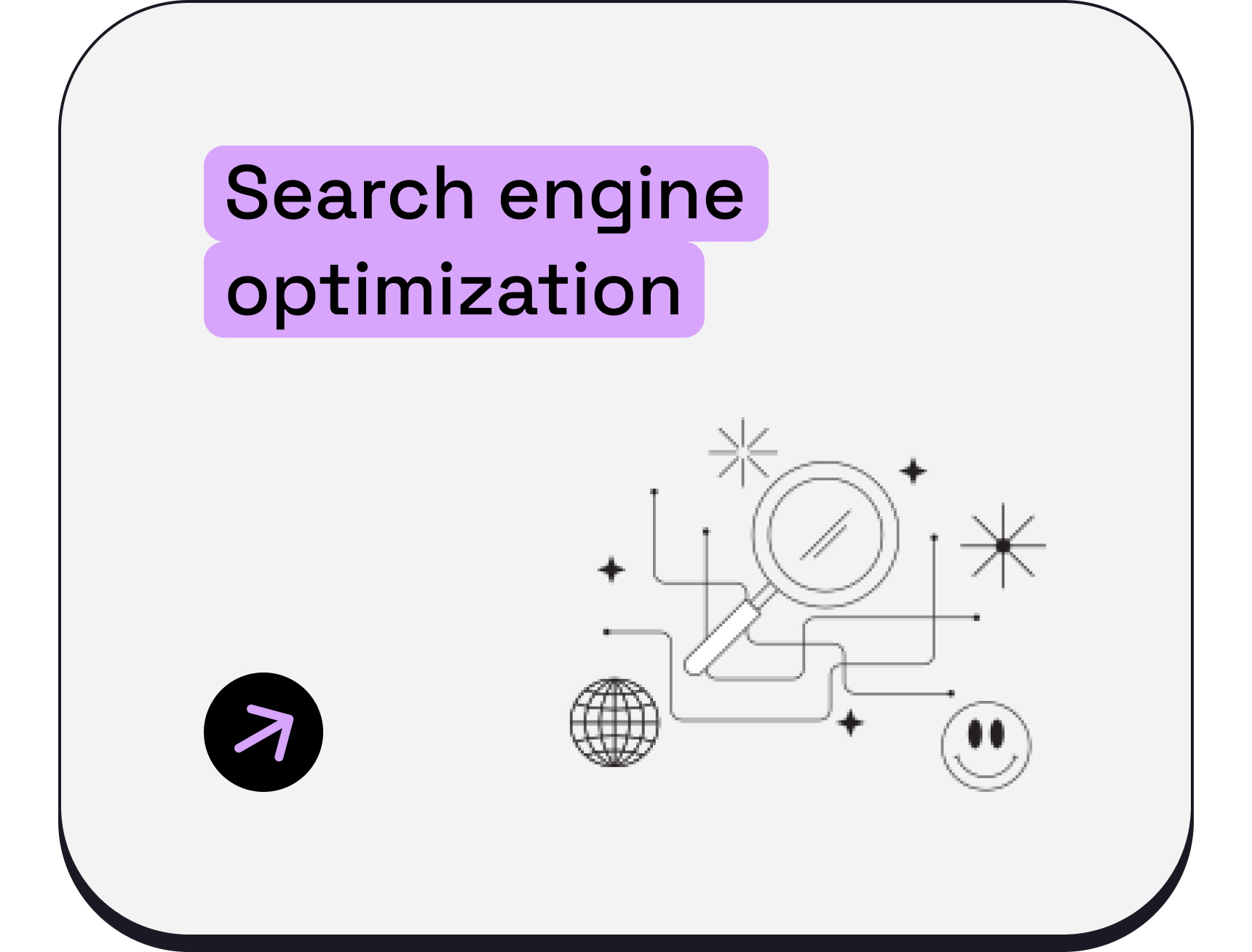 A graphic design featuring a lavender text box with black text reading 'Search engine optimization,' surrounded by abstract icons including a magnifying glass, a globe, an upward arrow, and smiley face symbols.