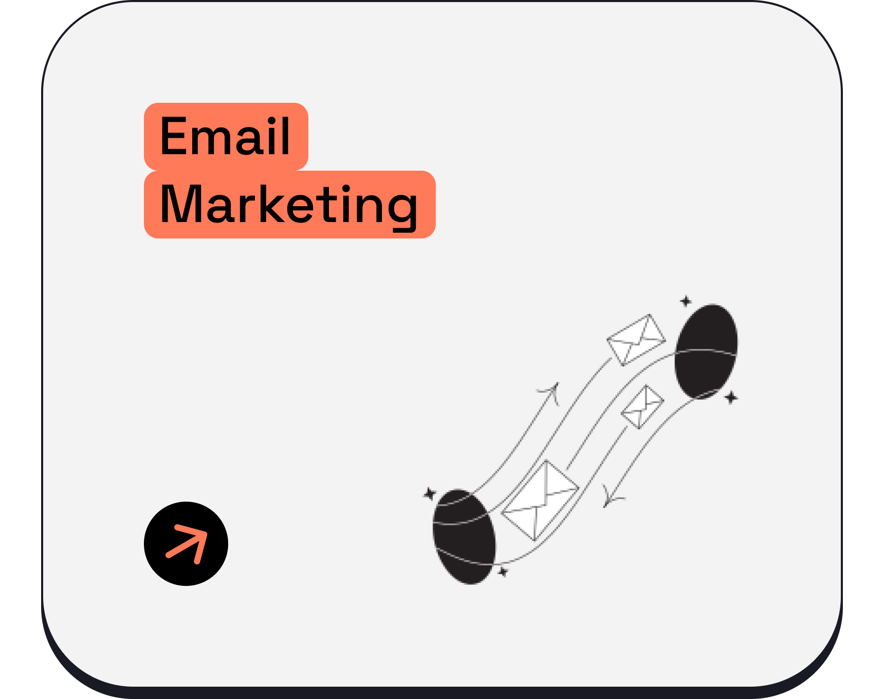 Text that reads 'Email Marketing' in black font on an orange background, with a graphic of a rocket made of envelopes and circular shapes, with arrows indicating movement.