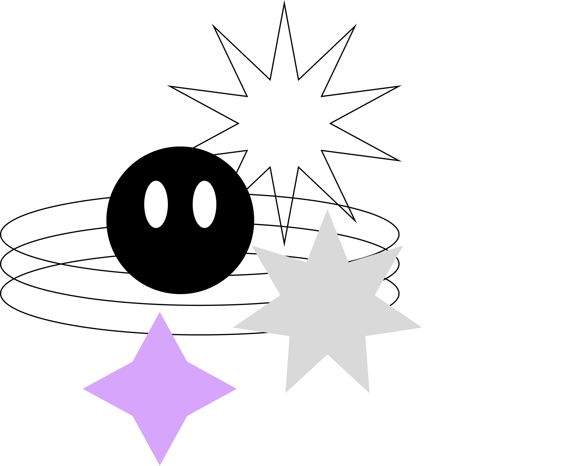 Graphic design featuring stars of various sizes and colors, including purple, gray, and black, set against a black background.
