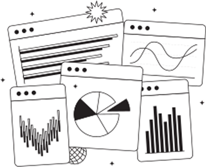 Illustration of five computer windows displaying various data charts and graphs, including line graphs, bar charts, a pie chart, and a heart-shaped chart, with a starburst shape at the top.