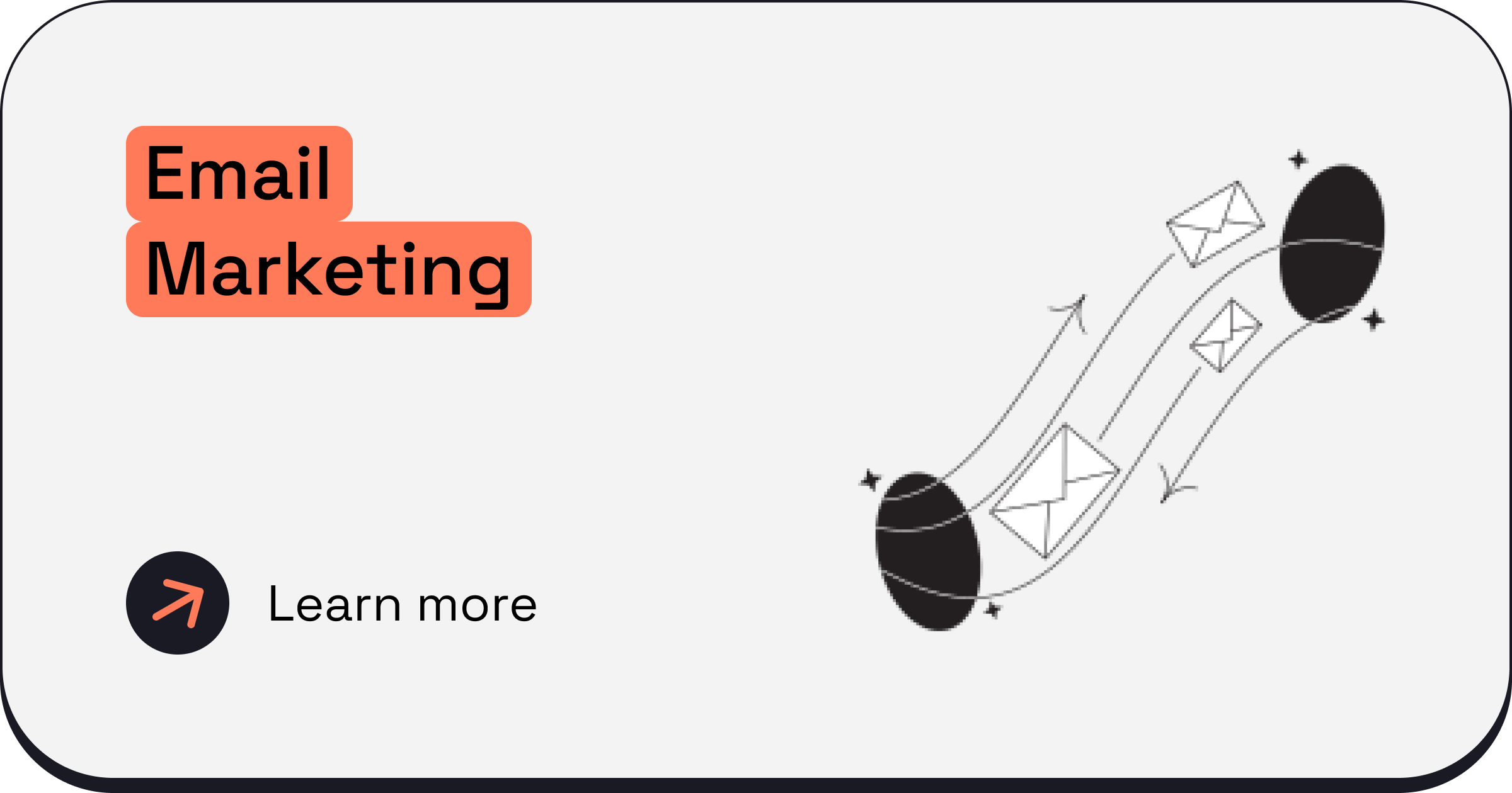 A digital graphic promoting email marketing with illustrations of email envelopes and arcs, featuring an orange button to learn more.