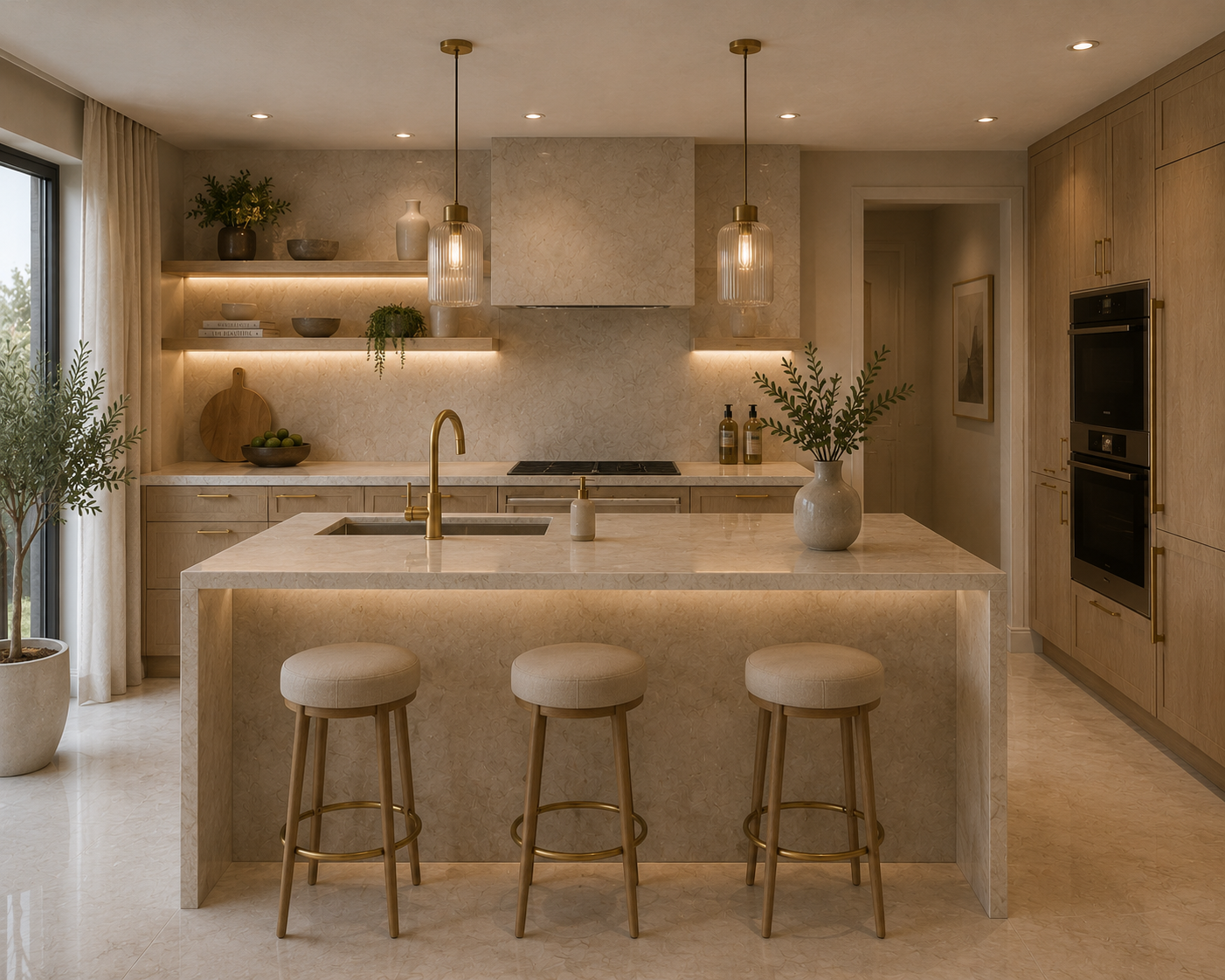 Modern kitchen with beige marble countertops, wooden cabinets, and a kitchen island with three stools. Decor includes potted plants, vases, and hanging pendant lights.