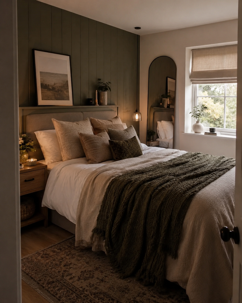 Small bedroom design featuring a green panelled accent wall, upholstered bed, layered neutral bedding, wooden furniture, warm lighting and clever space-saving interior design ideas.
