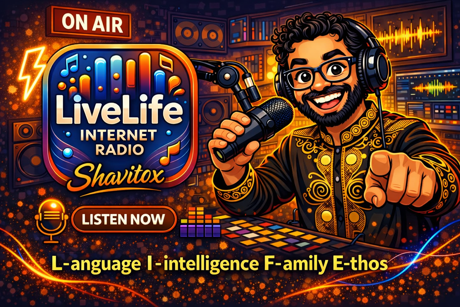 Colorful digital illustration advertising LivLife internet radio featuring a smiling man with glasses and a beard holding a microphone, wearing headphones, surrounded by audio equipment, sound waves, and colorful graphics. Includes text 'ON AIR', 'LISTEN NOW', and a list of words: 'Language', 'intelligence', 'Family', 'E-thos'.