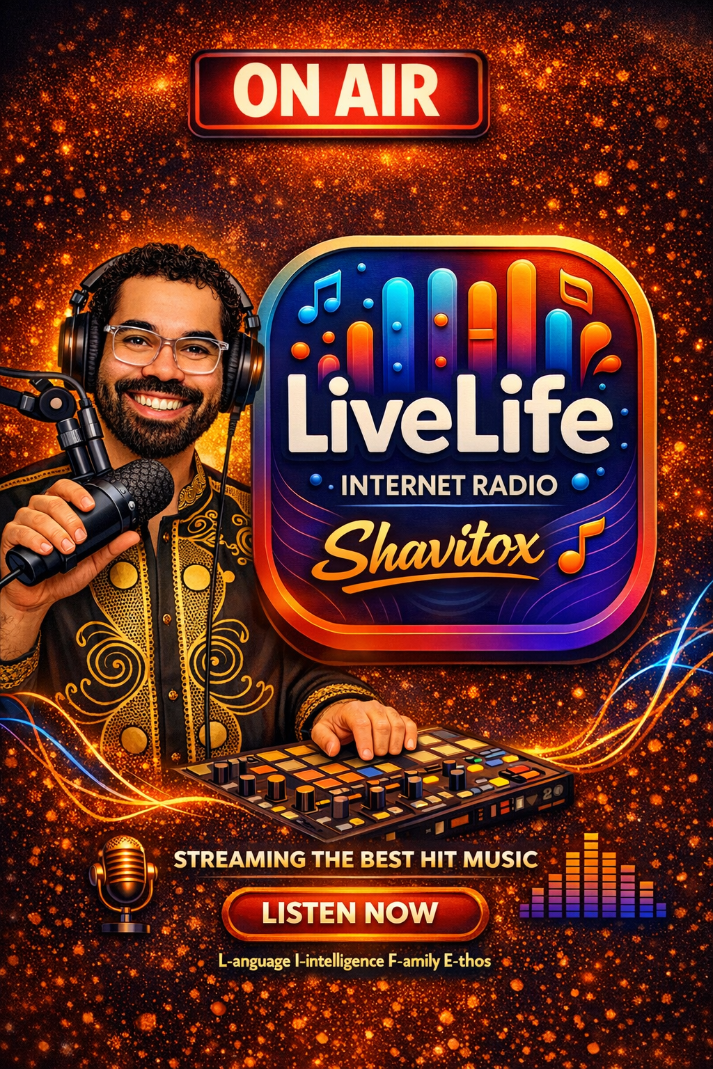 A smiling man with glasses and curly hair wearing headphones, holding a microphone in one hand and manipulating music equipment with the other, promoting a live internet radio show called LivLife with the host Shavitox, on a vibrant orange and black background with musical notes and sound wave graphics.