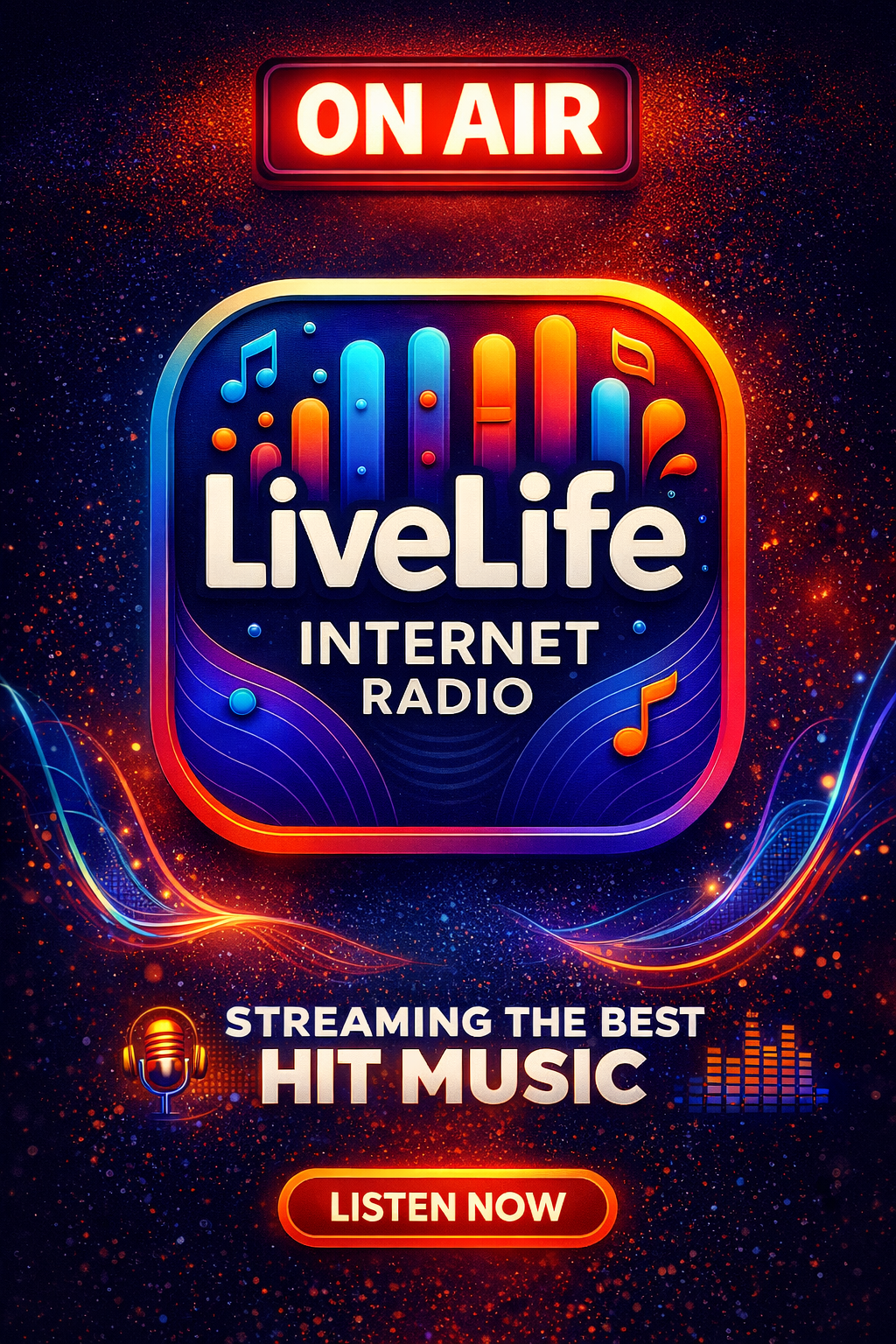 Colorful neon-style poster for LivëLife Internet Radio featuring an 'On Air' sign, sound equalizer bars, music notes, and a call to action 'Listen Now' with a background of starry, cosmic patterns.