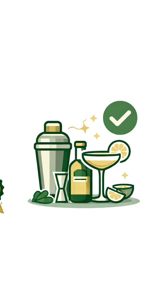 A bar setup with a shaker, cocktail glasses, liquor bottles, lemon slices, and a bowl of lemon wedges, with a checkmark indicating approval.