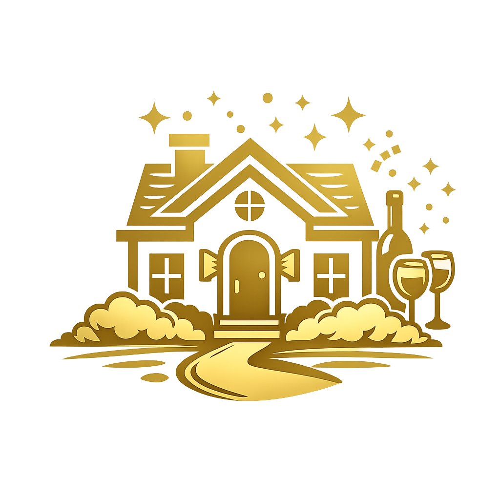 A gold-colored illustration of a house with a winding driveway leading to the front door, surrounded by clouds, with a bottle of wine and two wine glasses beside the house, and sparkles in the background.