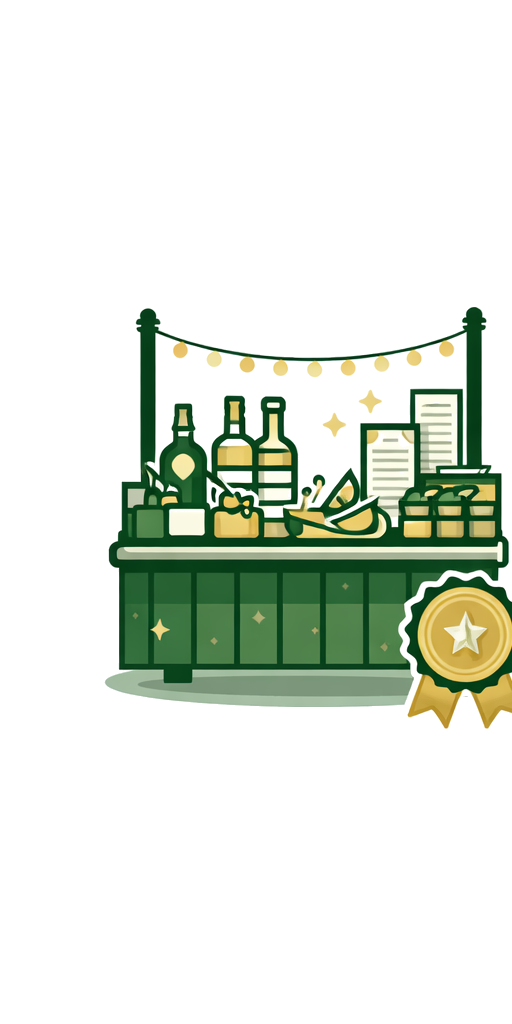A green bar counter with bottles, glasses, and food items, decorated with string lights and a gold ribbon award badge.