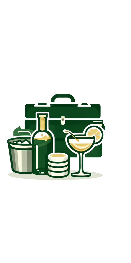 Illustration of a green bar kit with a bottle, a bucket, a stack of coins, and a glass of cocktail with a lemon slice and straw.