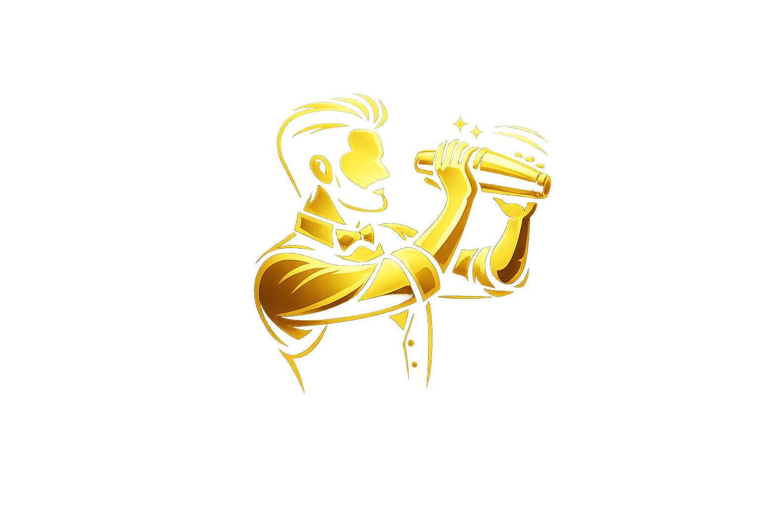 Gold 3D illustration of a man with a bow tie drinking from a martini glass, viewed from the side.
