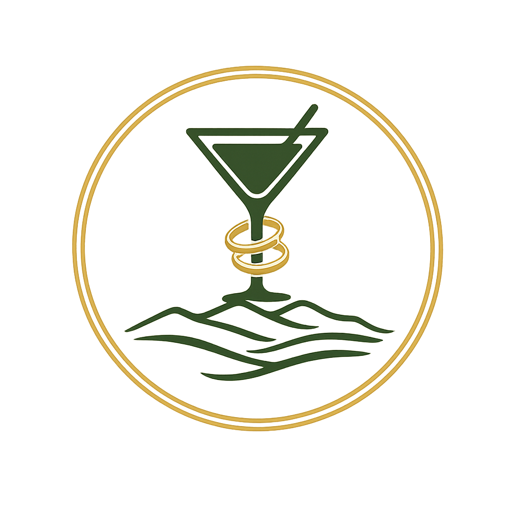Stylized illustration of a martini glass with a pink cocktail, garnished with an olive on a skewer, on a green and black patterned surface, with a gold circular border.
