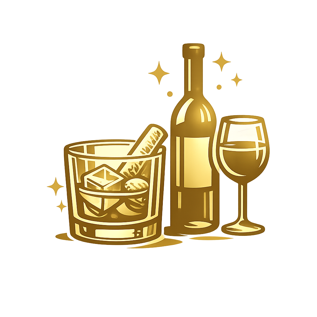 Gold illustration of a whiskey glass with ice and lime wedge, a wine bottle, and a filled wine glass, set against a dark background with sparkling stars.