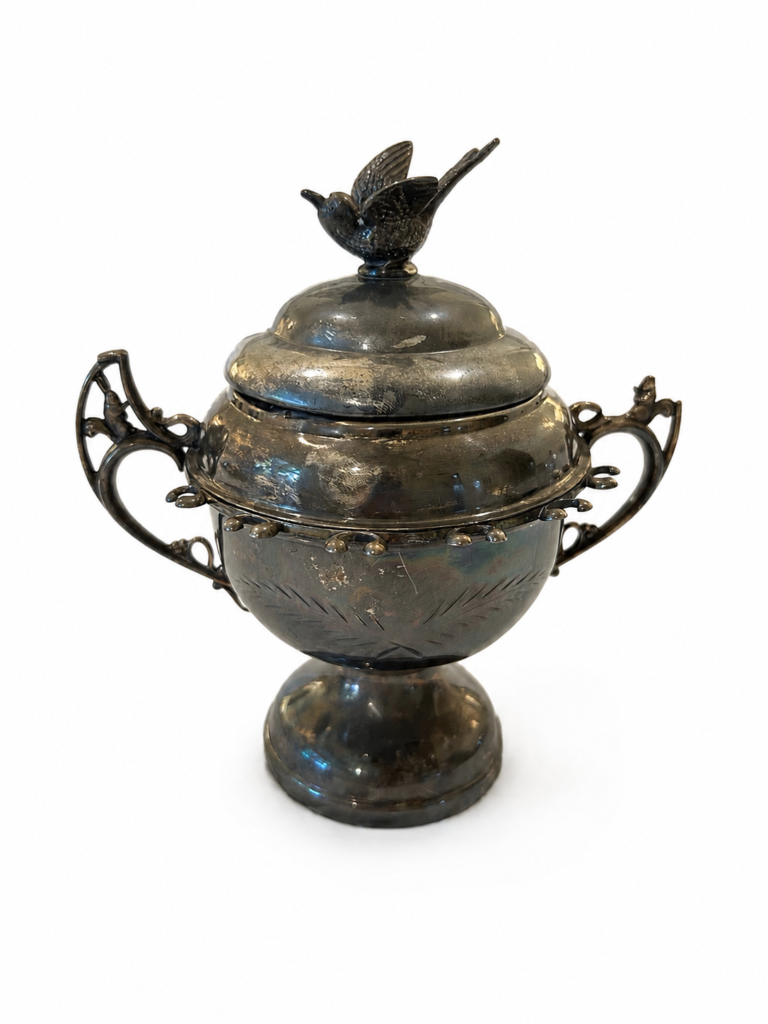 Vintage Silver-Plated Covered Sugar Bowl / Biscuit Jar with Bird Finial