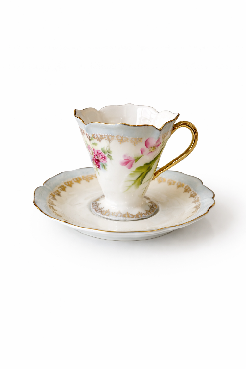 Vintage Miniature Porcelain Teacup & Saucer | Floral Gold Trim | Collectible Display Piece